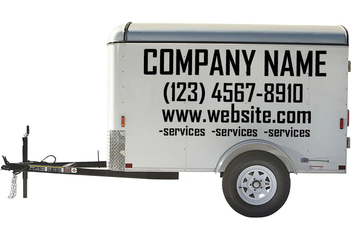 Custom business signs and vinyl lettering decals for a 5' x 8' enclosed trailer