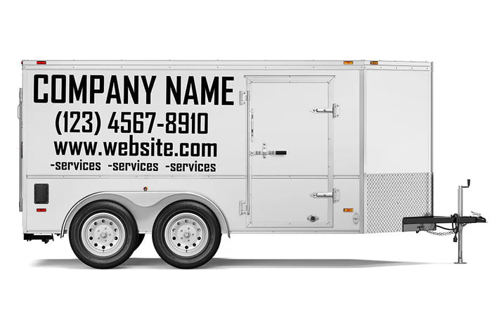 Custom business signs and vinyl lettering decals for a 7' x 20' enclosed trailer