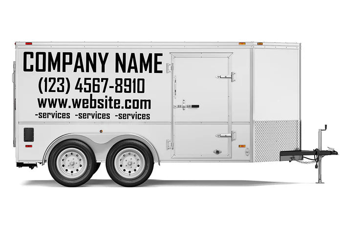 Custom business signs and vinyl lettering decals for a 7' x 16' enclosed trailer