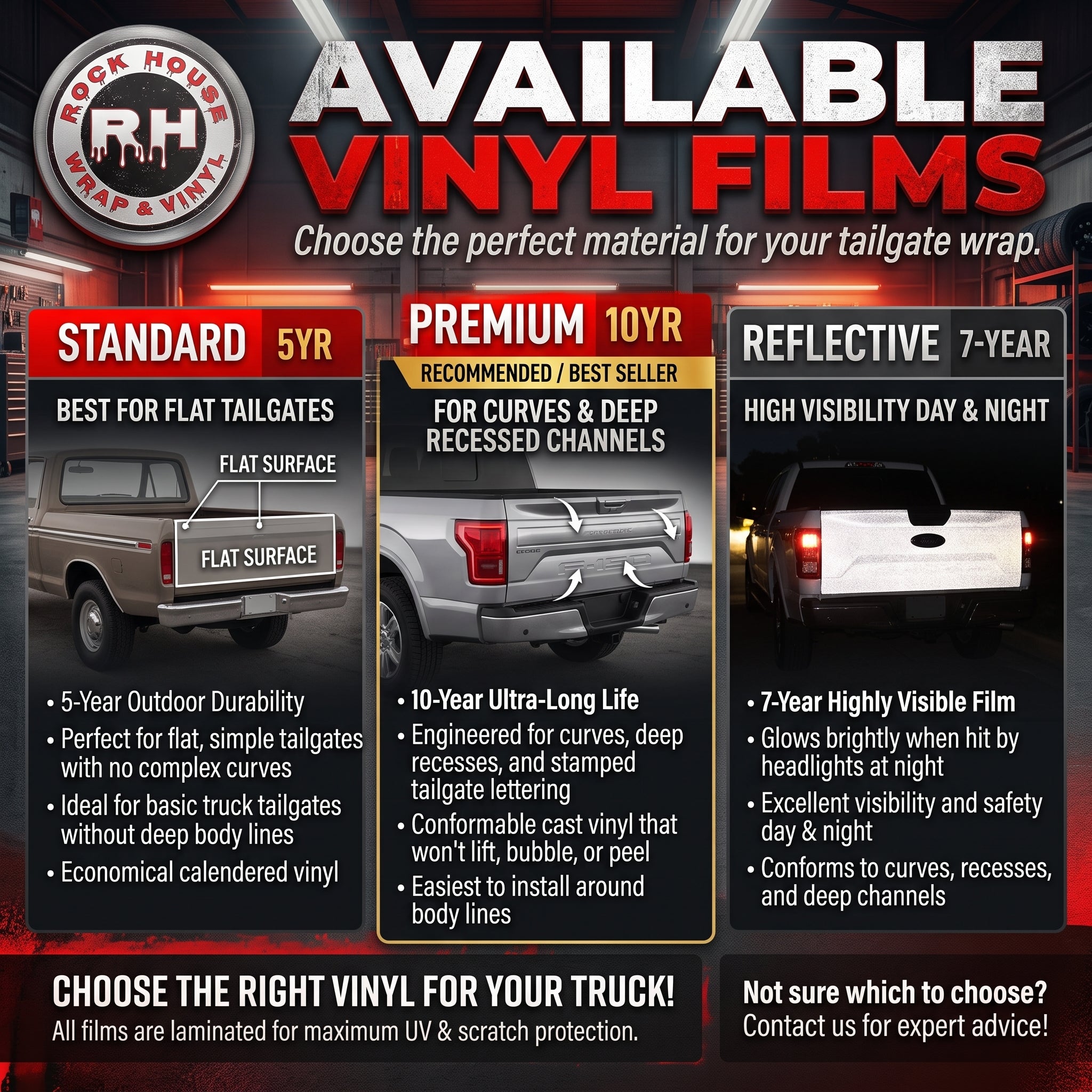 The image is an advertisement for Rock House Wrap & Vinyl, showcasing three different types of available vinyl films for trucks.