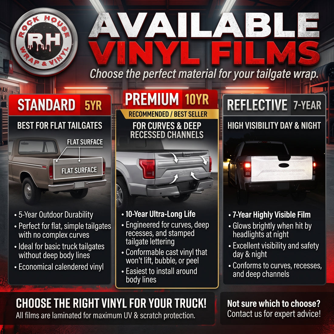 The image is an advertisement for Rock House Wrap & Vinyl, showcasing three different types of available vinyl films for trucks.