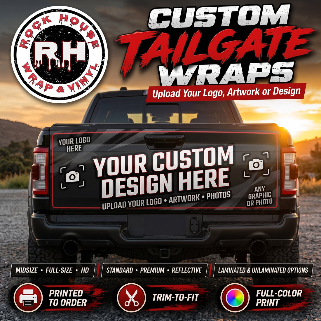 The image is an advertisement for custom tailgate wraps, featuring a black pickup truck with a large, custom-designed decal on the rear.