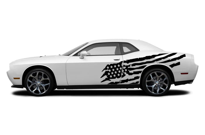 Tattered American flag side graphics, decals compatible with Dodge Challenger