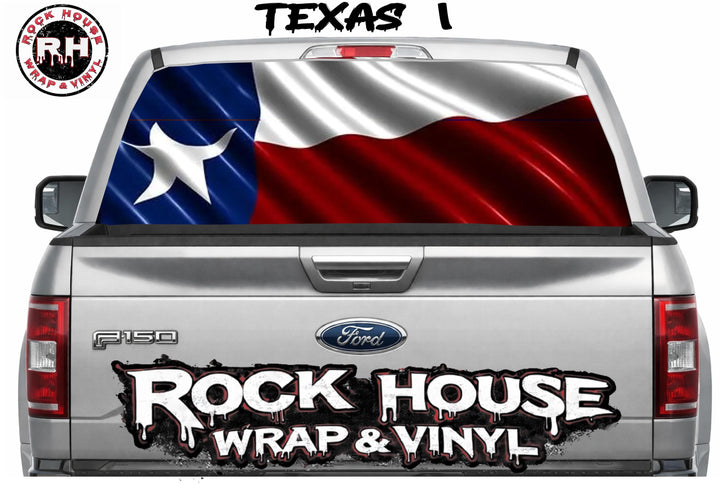 Back of a silver Ford F-150 truck with Texas flag decal and 'Rock House Wrap & Vinyl' branding.