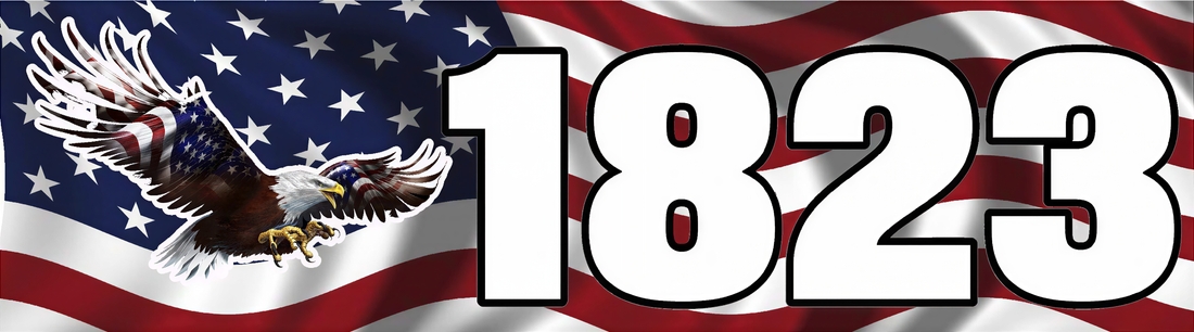 an eagle in flight with the numbers 1823 displayed prominently in the foreground.