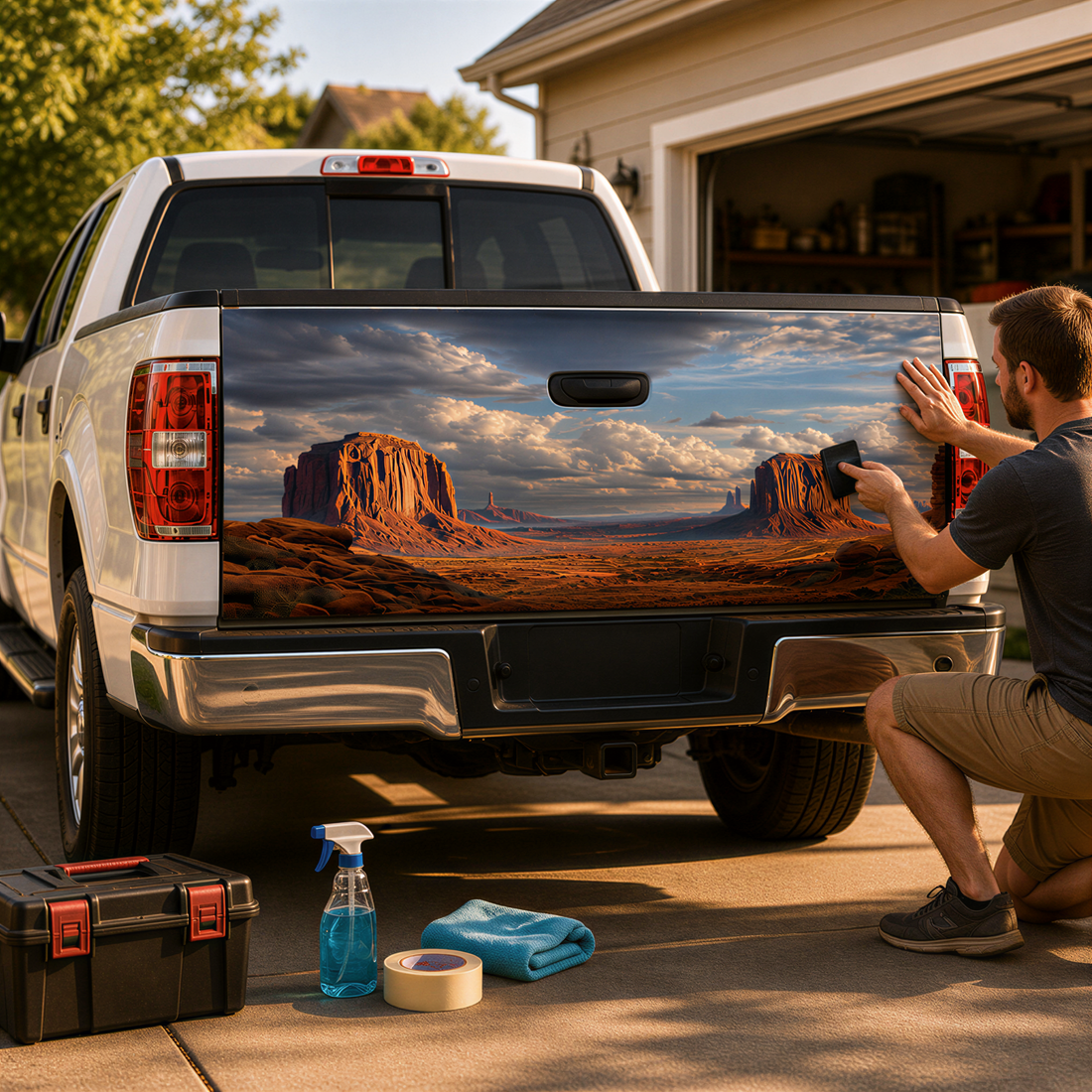 A man is applying a picture of a desert landscape to the rear of a white pickup truck.