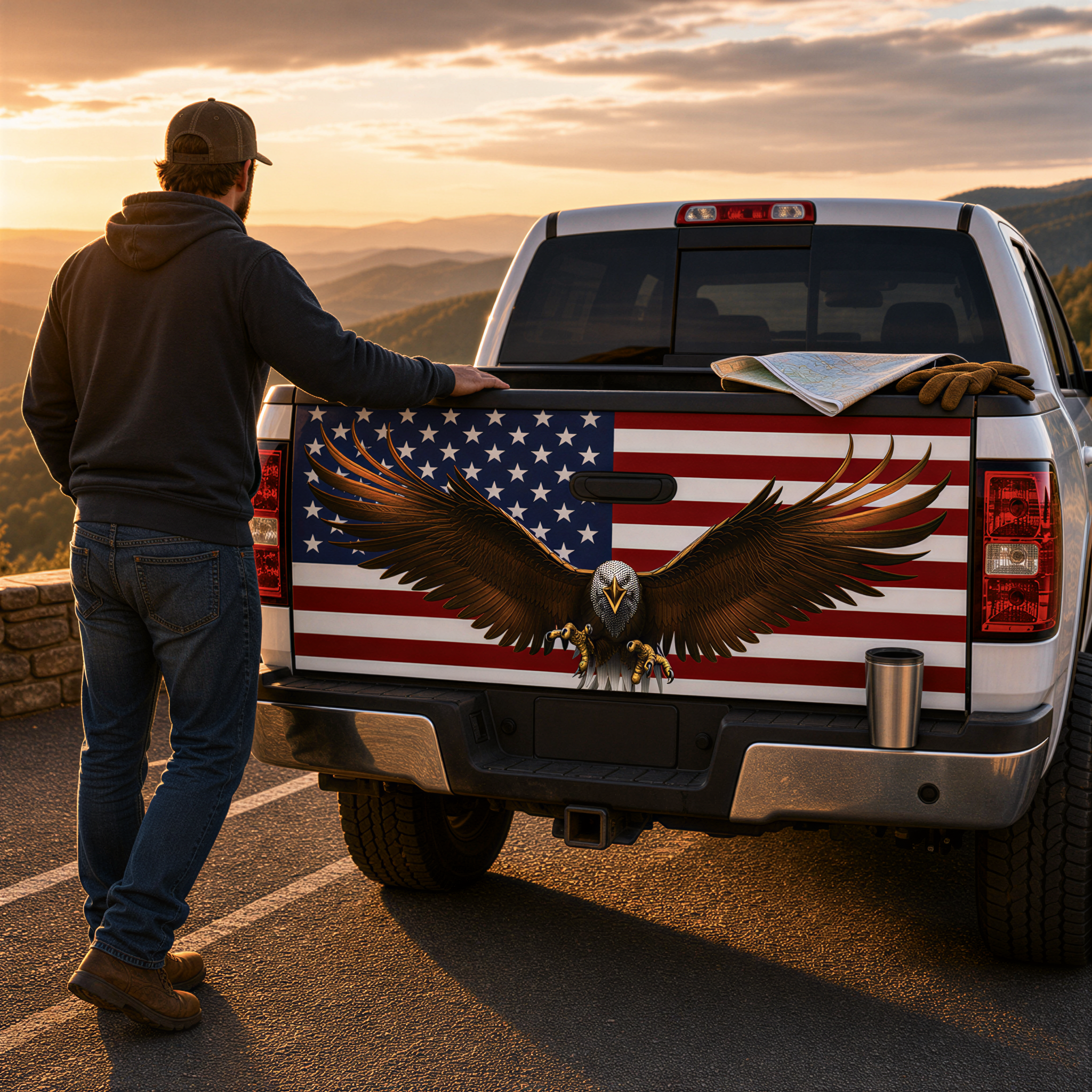 A man stands next to a white pickup truck with an American flag decal on the rear, overlooking a scenic landscape at sunset.