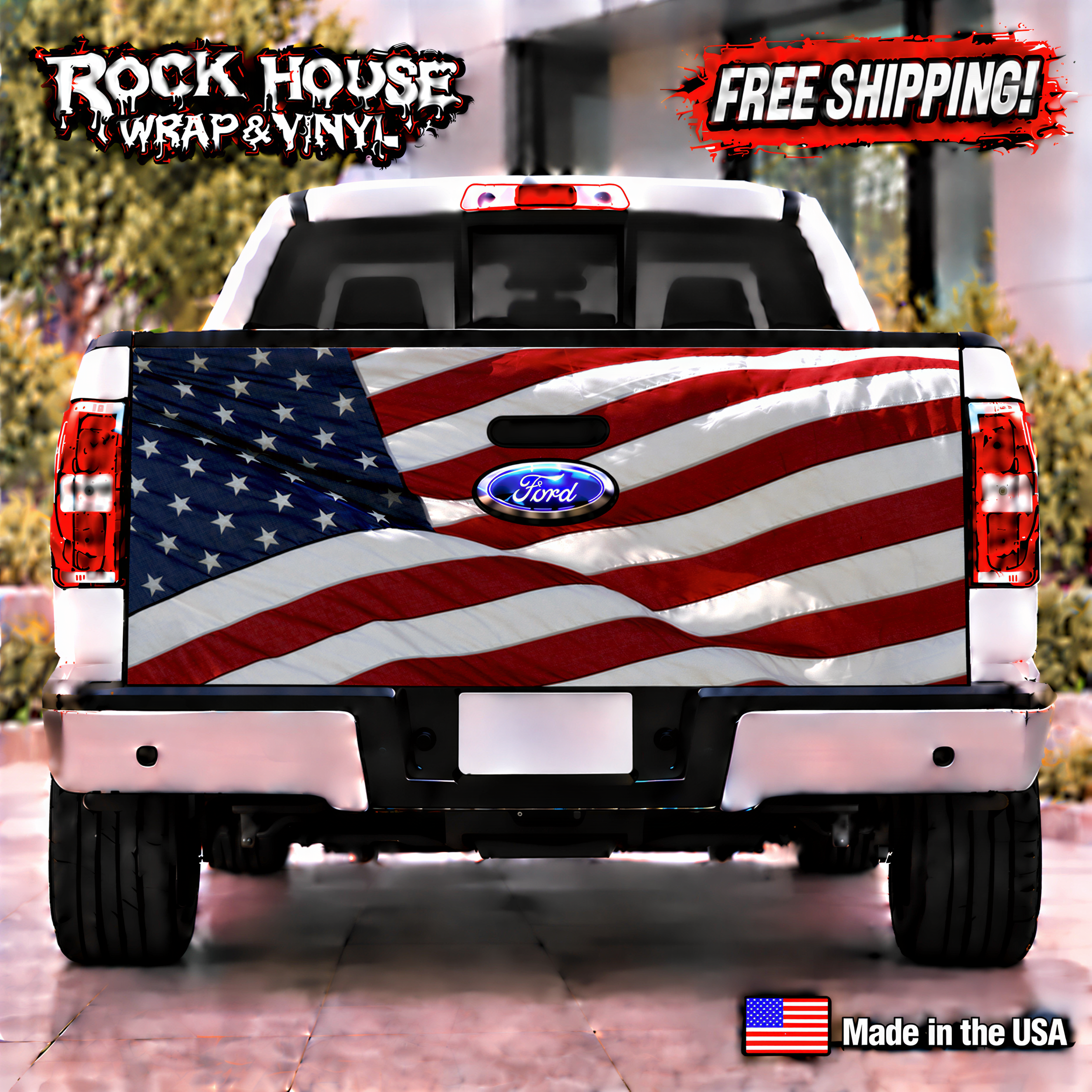 a white Ford truck with an American flag decal on the rear. The truck is parked on a street, and there is a "Rock House Wrap & Vinyl" advertisement above it.