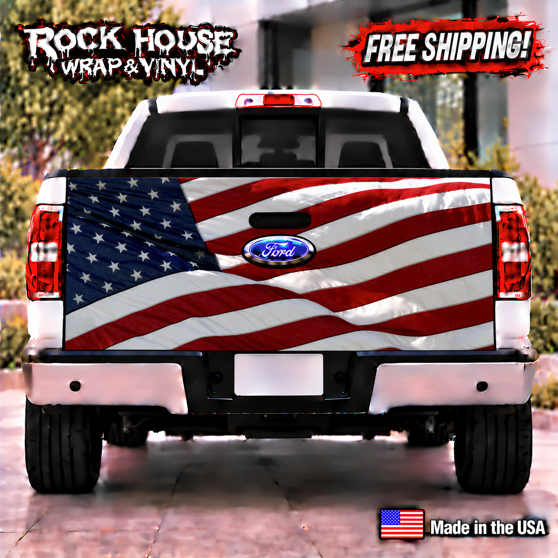 a white Ford truck with an American flag decal on the rear. The truck is parked on a street, and there is a "Rock House Wrap & Vinyl" advertisement above it.