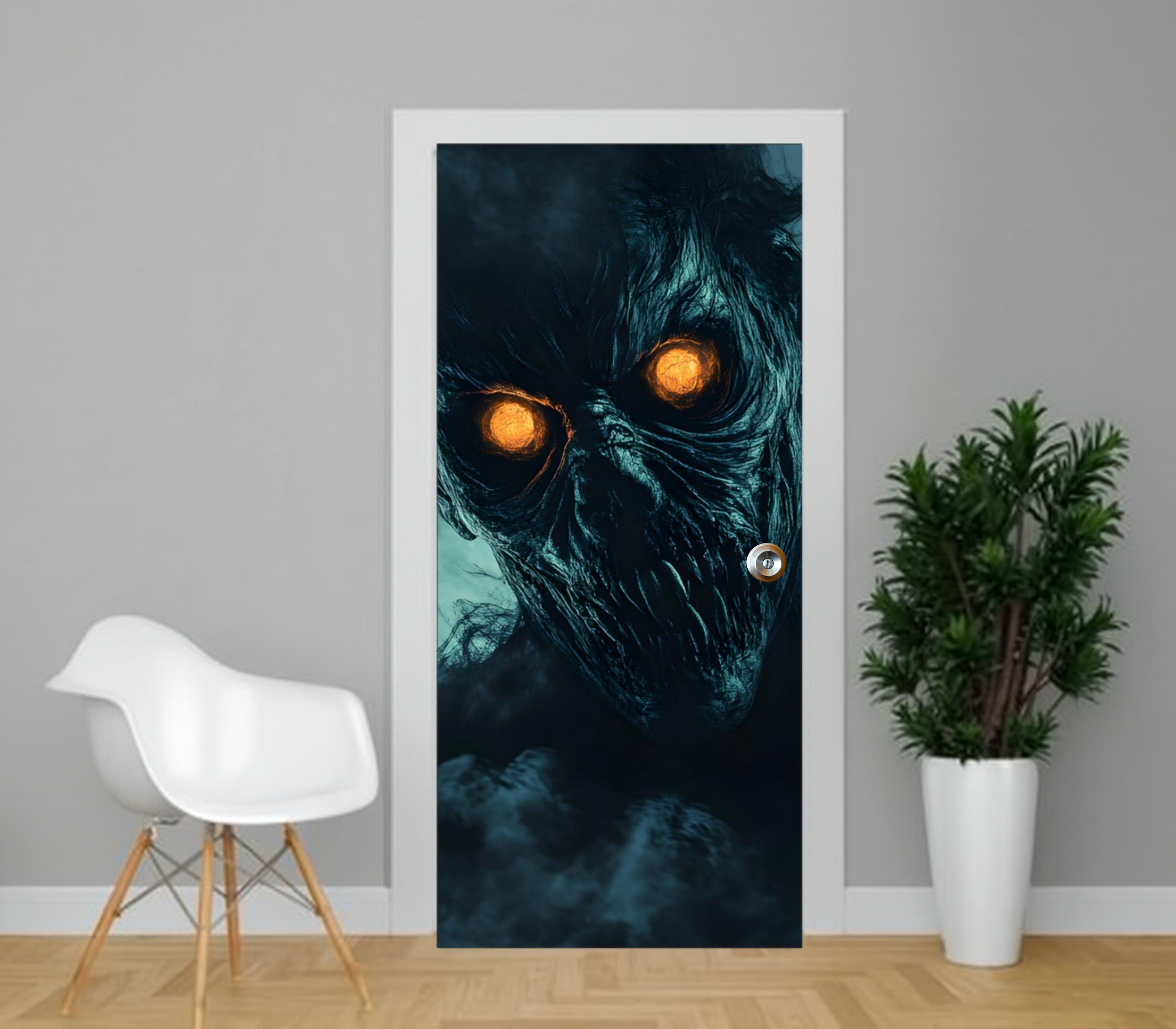 a door with a large, eerie skull-like face on it, creating a creepy and unsettling atmosphere.