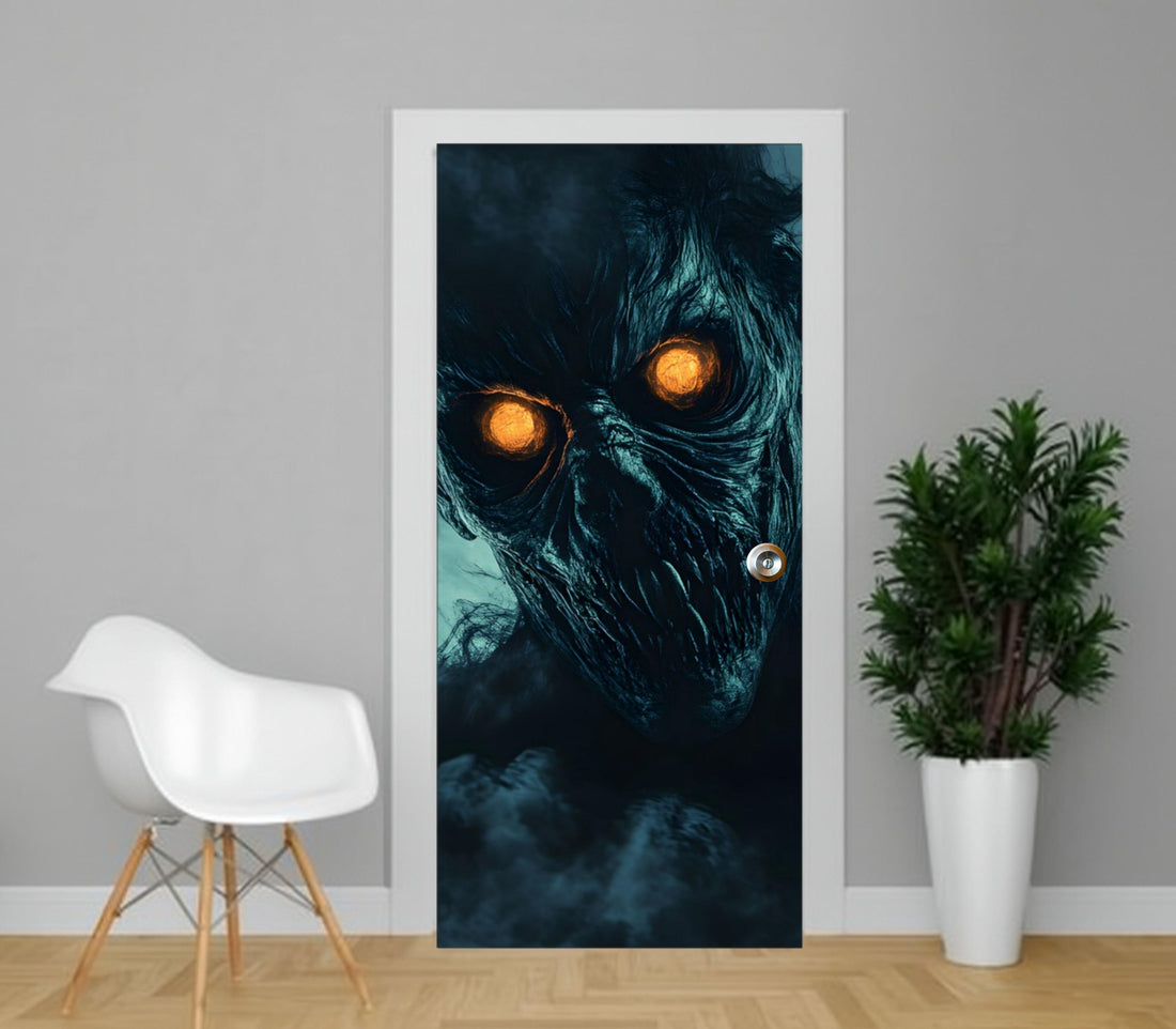 a door with a large, eerie skull-like face on it, creating a creepy and unsettling atmosphere.