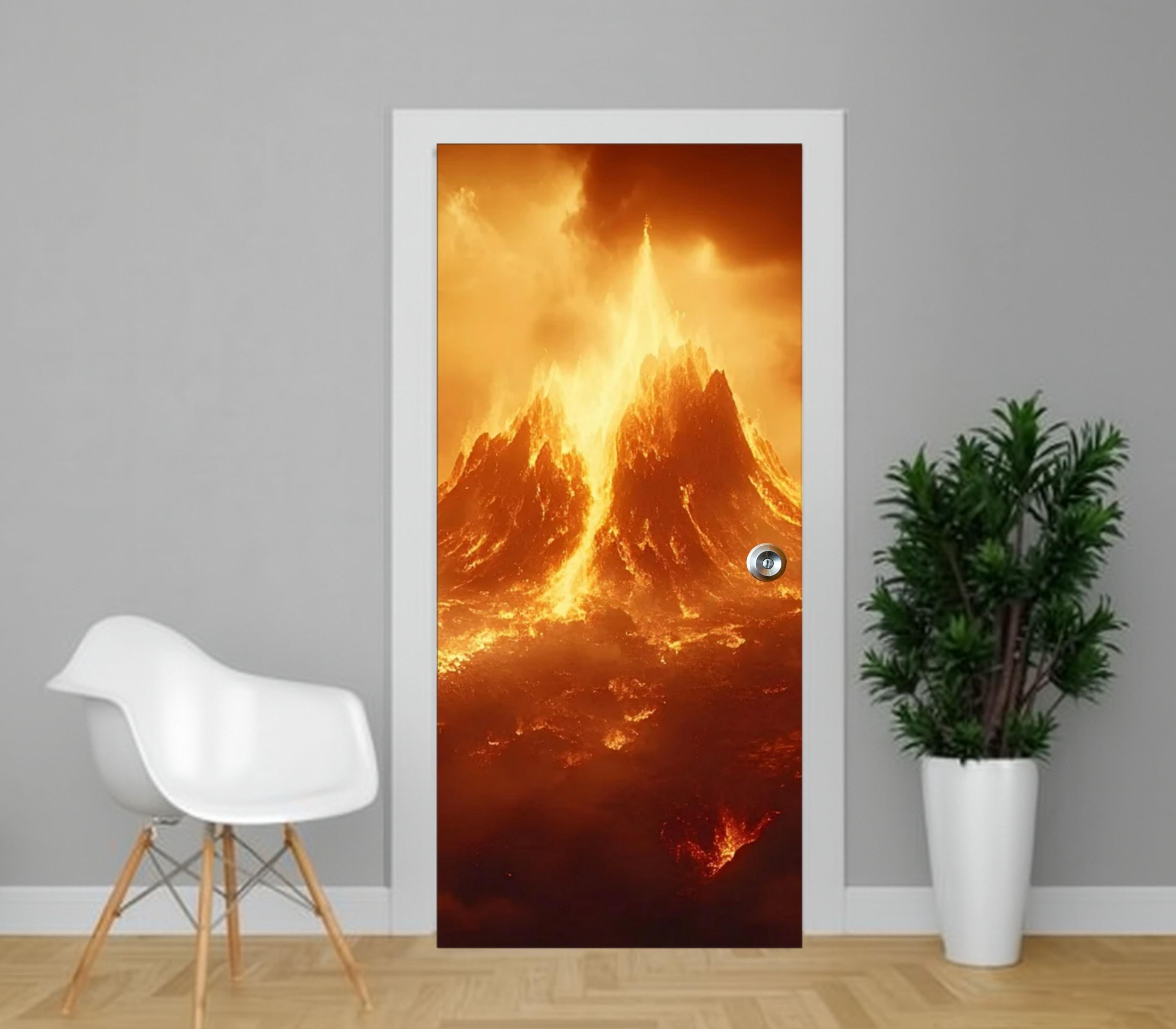 a door with a large, fiery image of a volcano or mountain on it, suggesting a fiery or intense atmosphere.