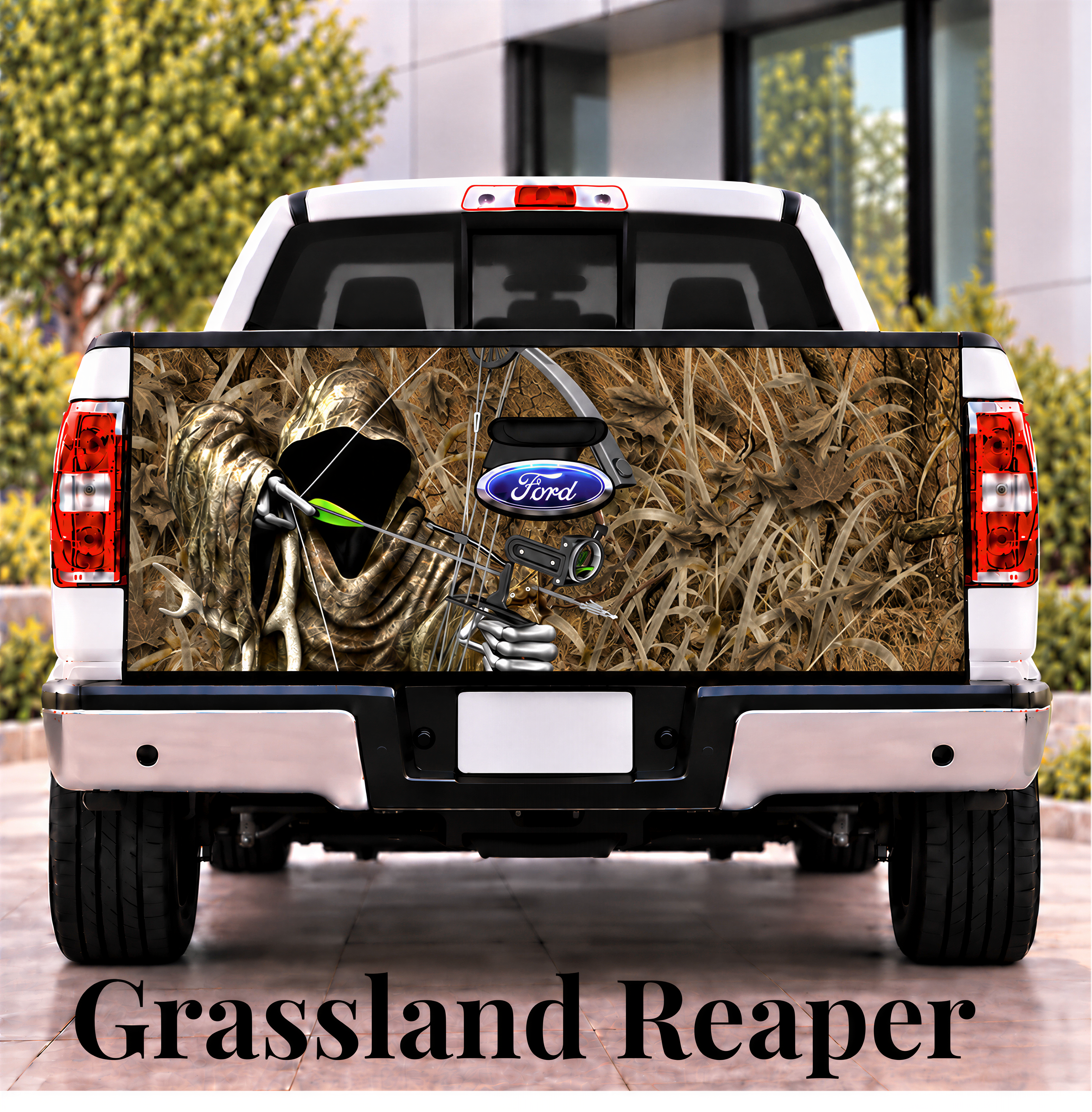 the rear of a white Ford truck with a camouflage design on the tailgate, depicting a reaper hunting in a grassland setting.