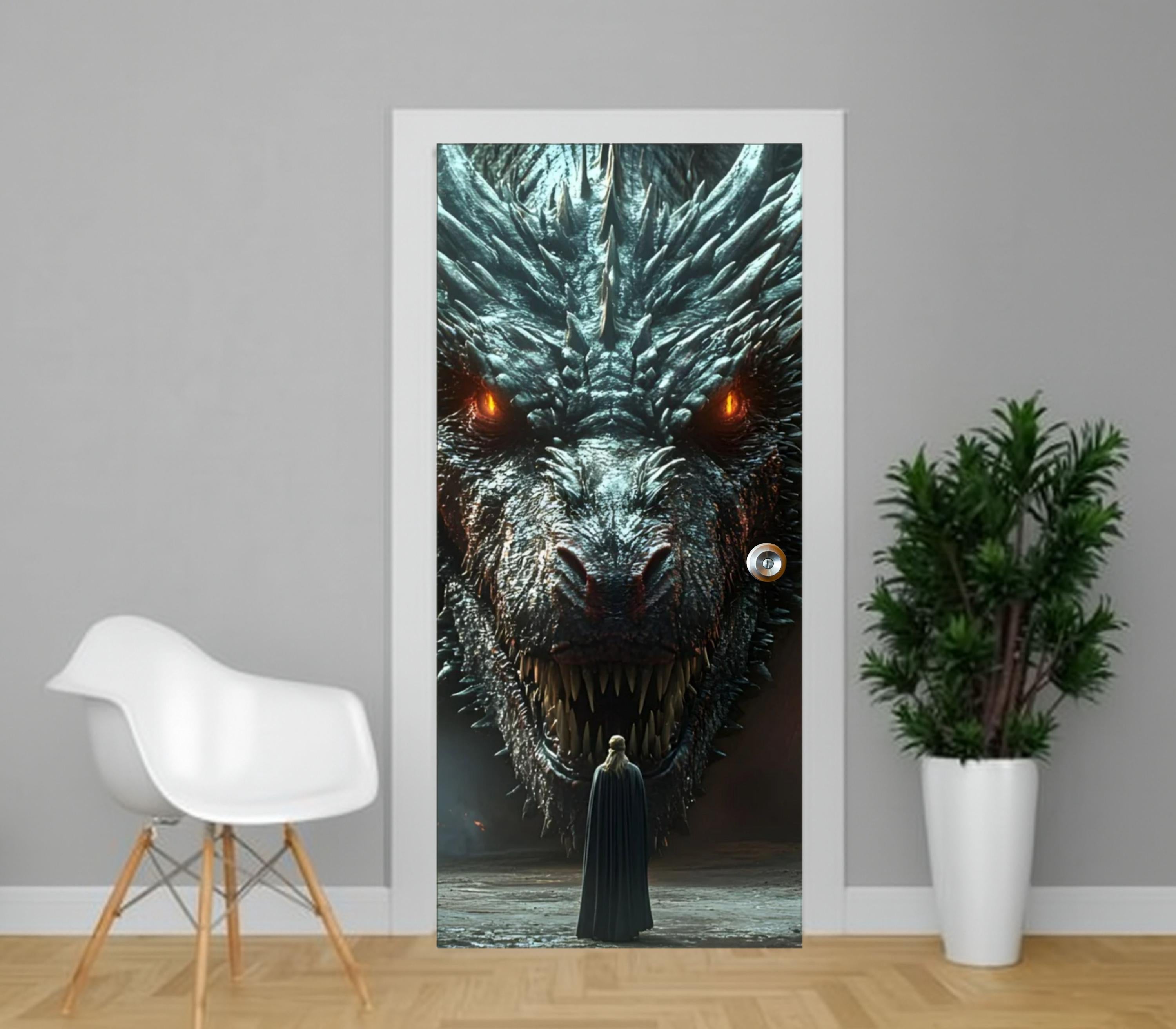 a door with a large, menacing dragon depicted on it, and a person standing in front of the door, looking at the dragon.