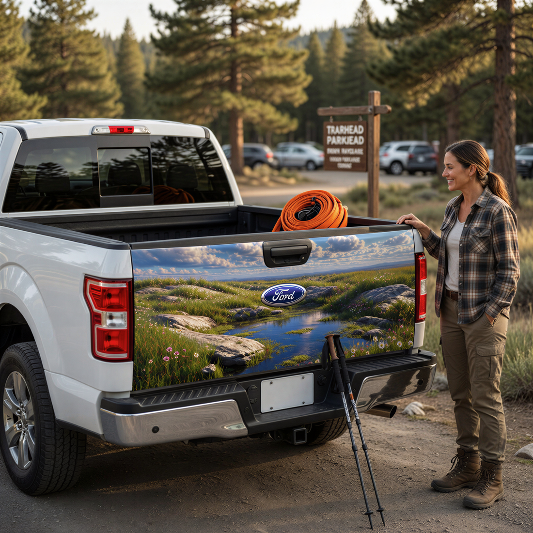 A woman stands next to a white Ford truck with a large landscape decal on the rear.