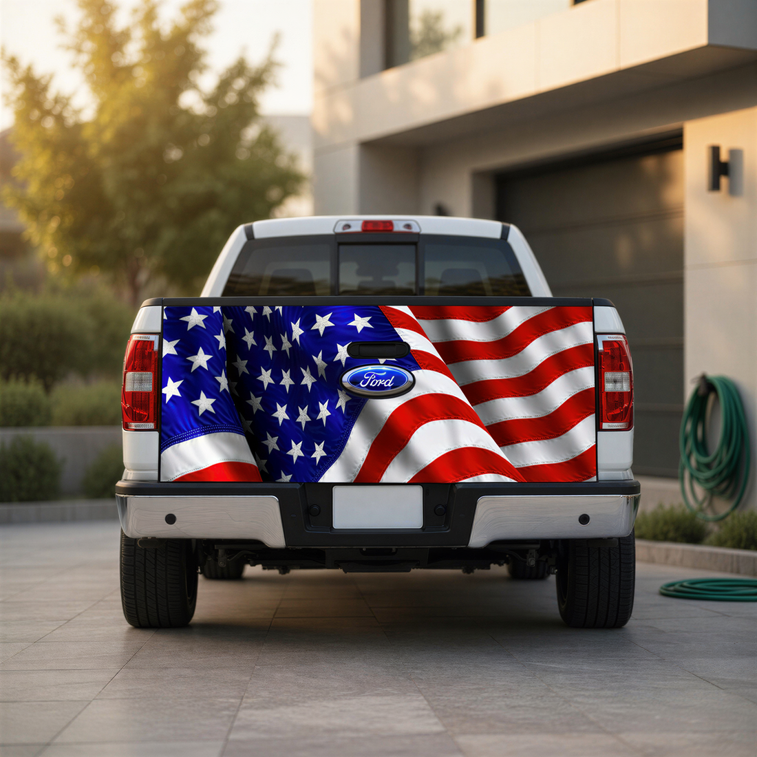 a white Ford truck with a large American flag design on the rear of the truck bed.