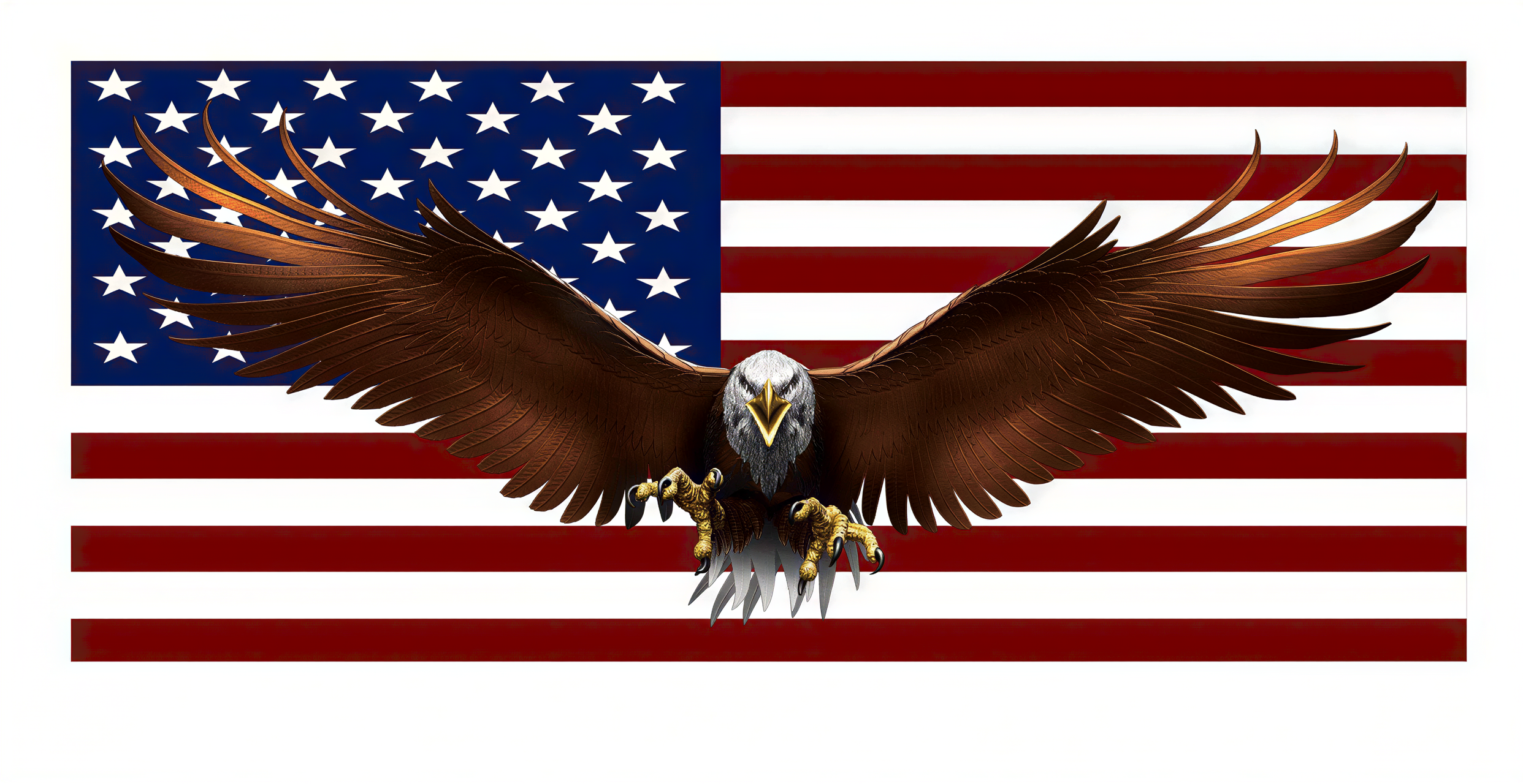 A bald eagle with outstretched wings is depicted against the backdrop of the American flag.