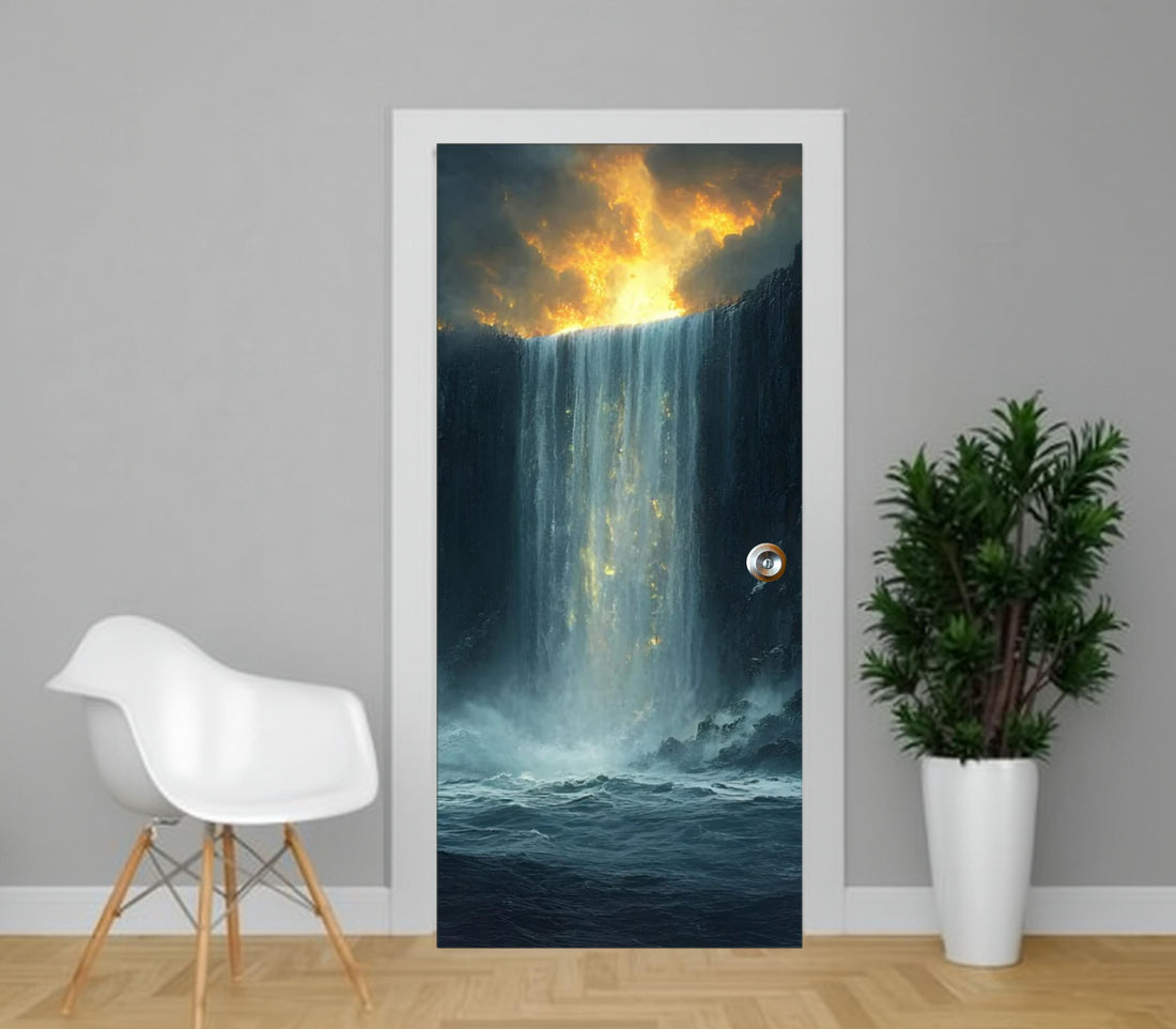 a dramatic waterfall cascading down a dark cliff, with a bright orange sky above. The waterfall is surrounded by a lush green plant, and the scene is set against a gray wall. A white chair is positioned next to the door, and a potted plant is visible on the right side of the image.