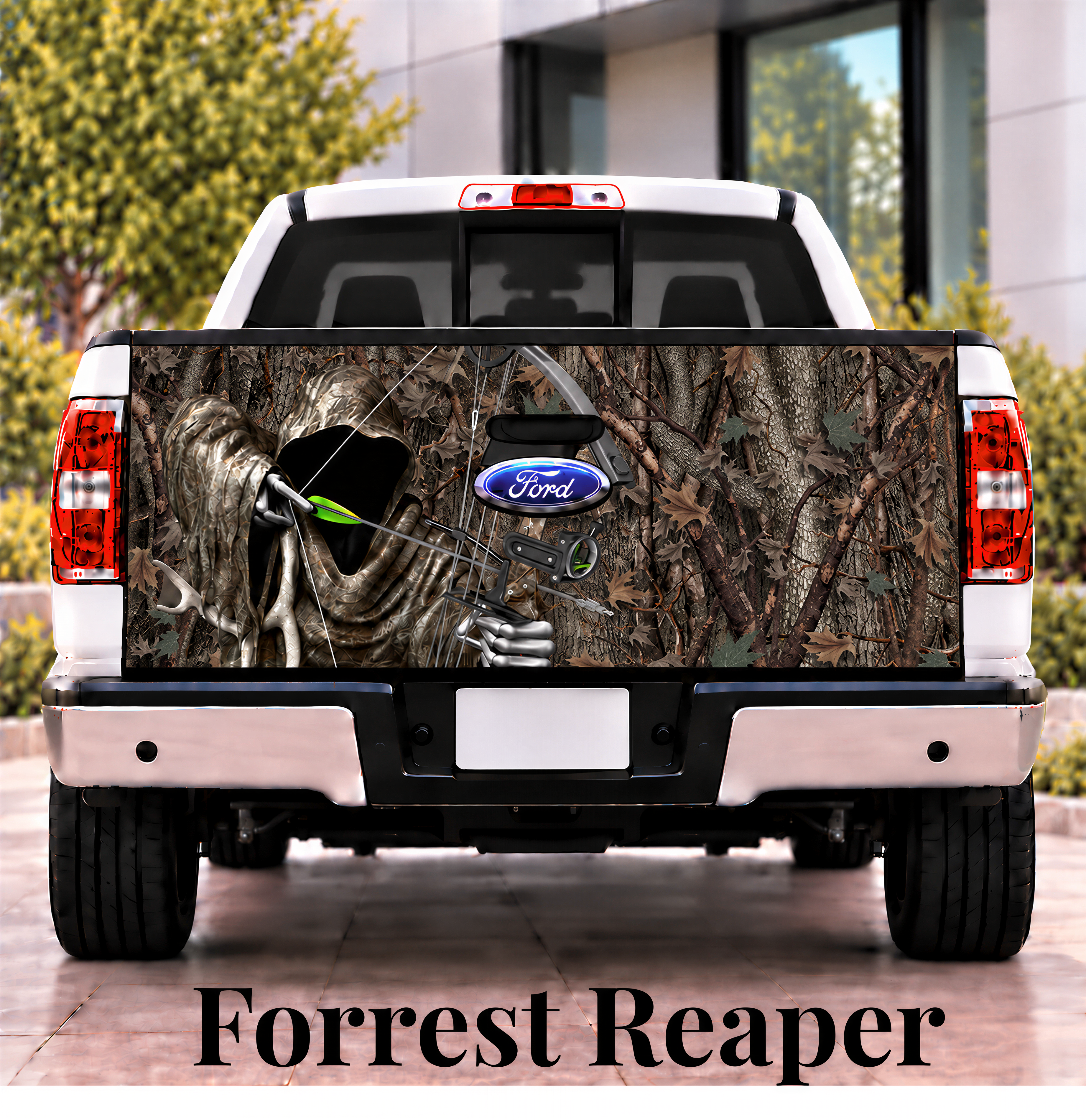 a white Ford truck with a camouflage design on the rear bumper, depicting a figure resembling the character Forrest Reaper.
