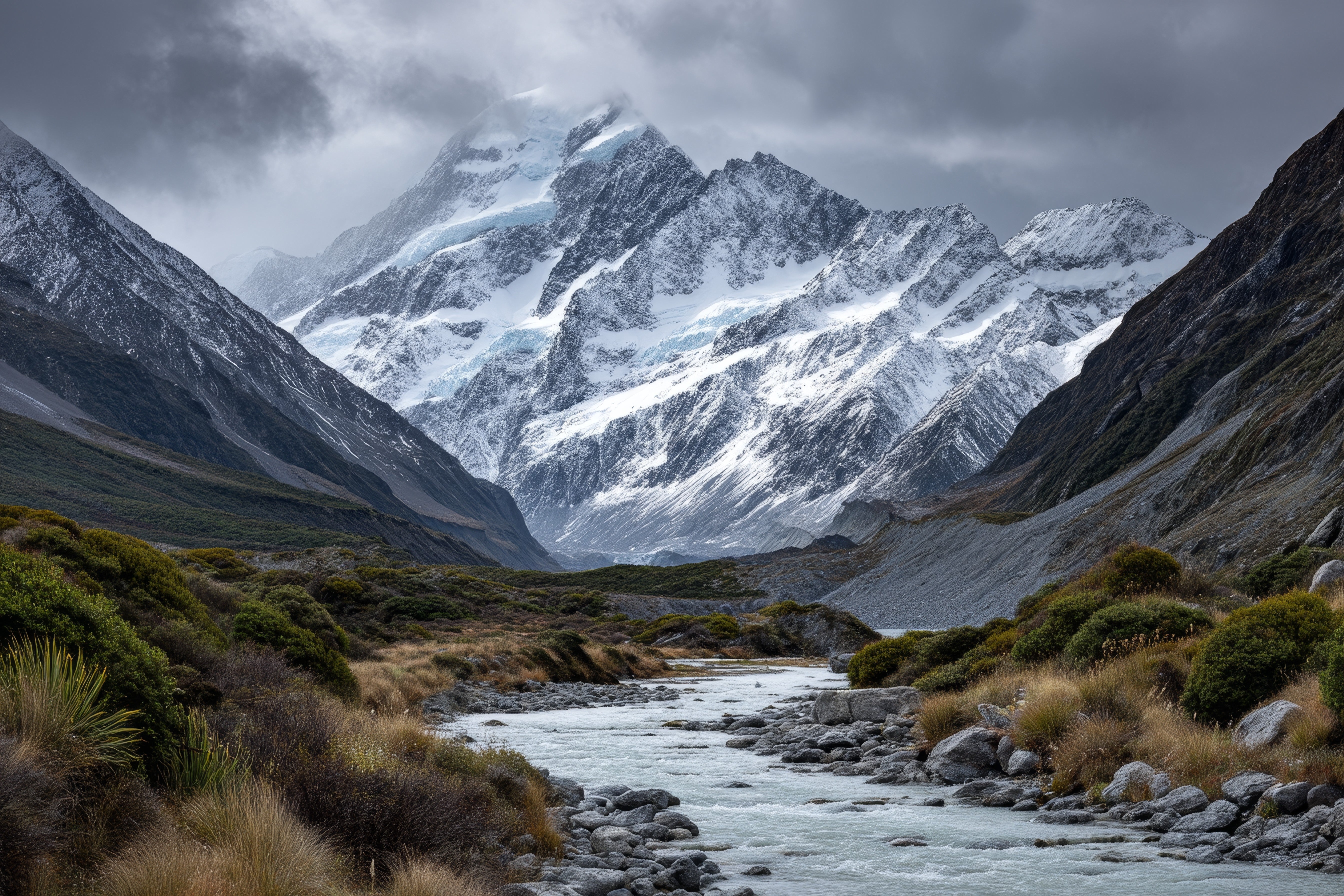 a serene mountain landscape with a river flowing through the valley, surrounded by snow-capped peaks under a cloudy sky.