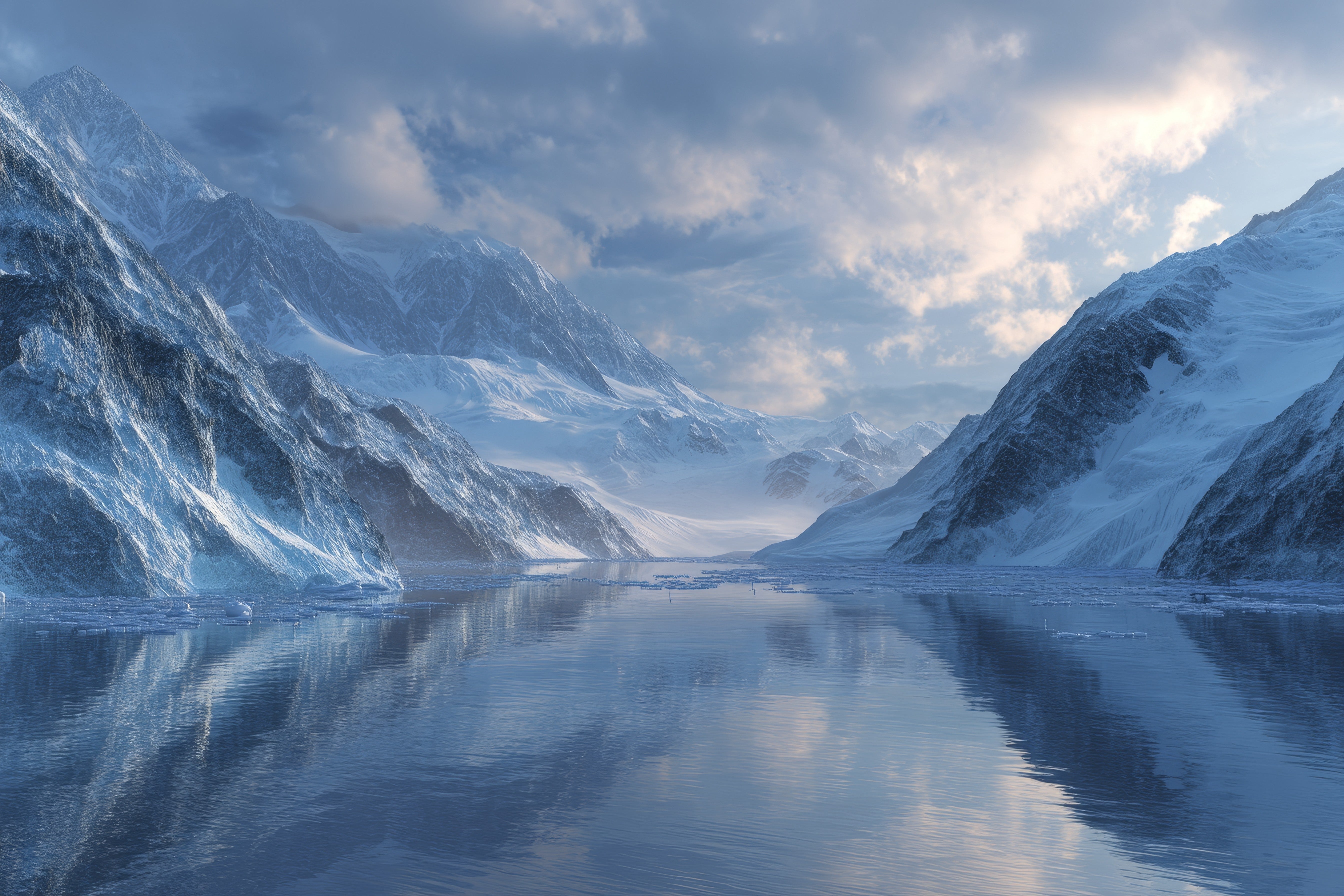 a serene, snow-covered mountain range reflected in a calm, blue lake.
