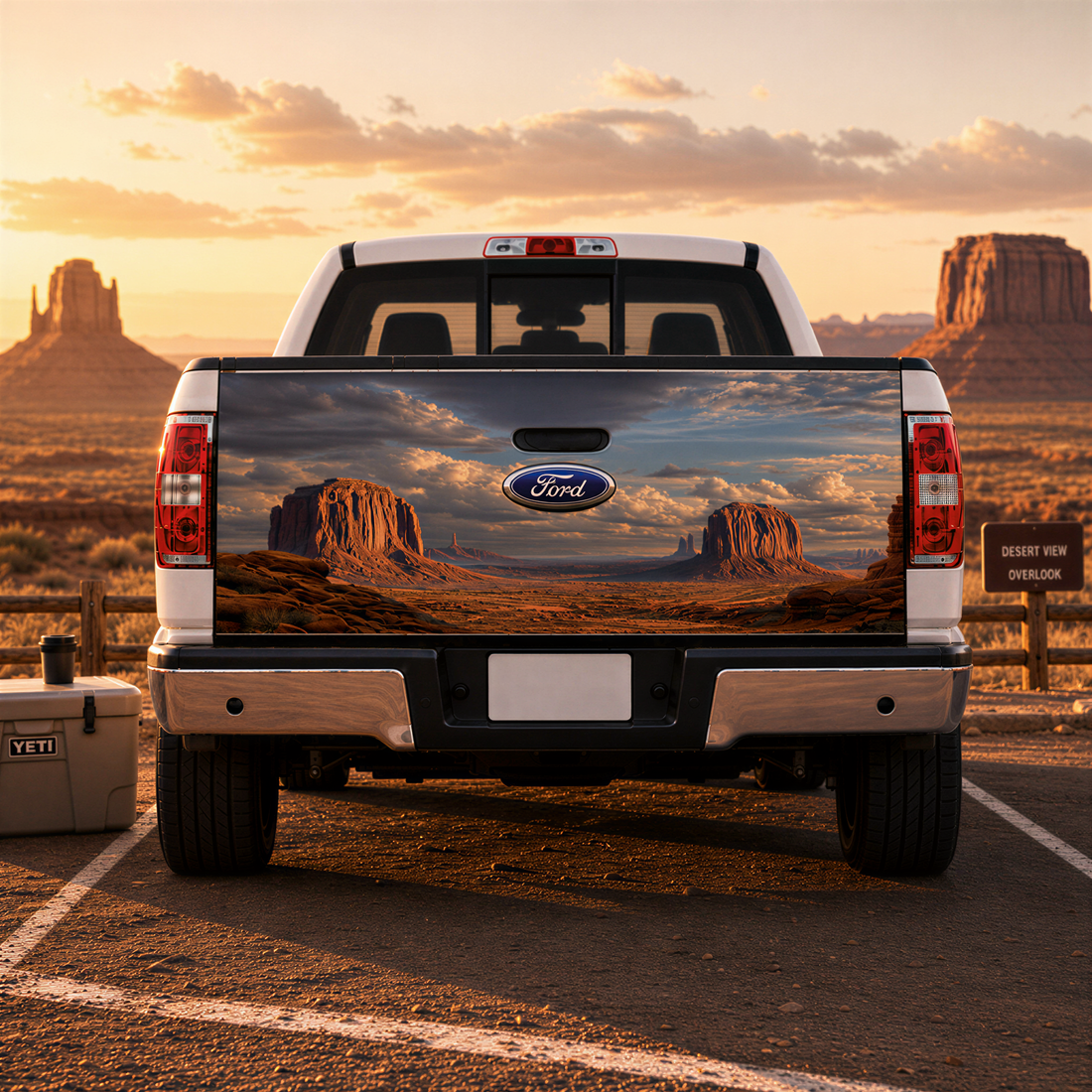 a white Ford truck parked in a desert setting, with a desert landscape visible on the rear of the truck.
