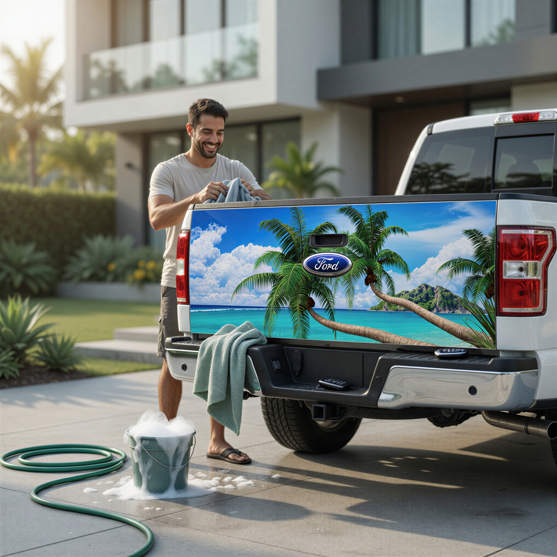 A man is cleaning the back of a white Ford truck with a tropical beach scene decal on the rear.