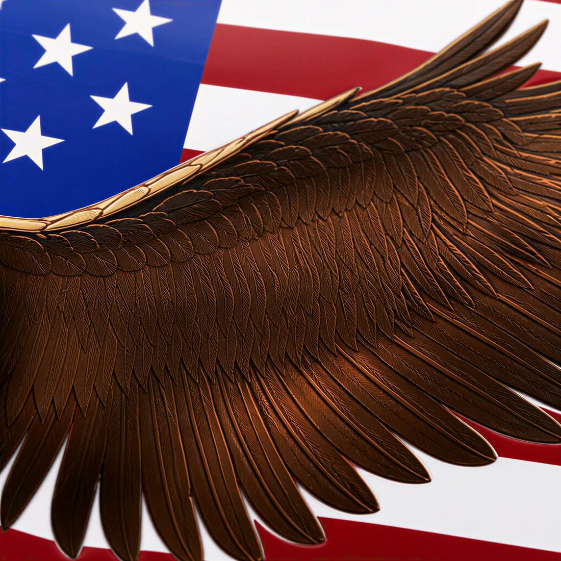 a close-up view of a brown eagle's wing against the backdrop of the American flag.