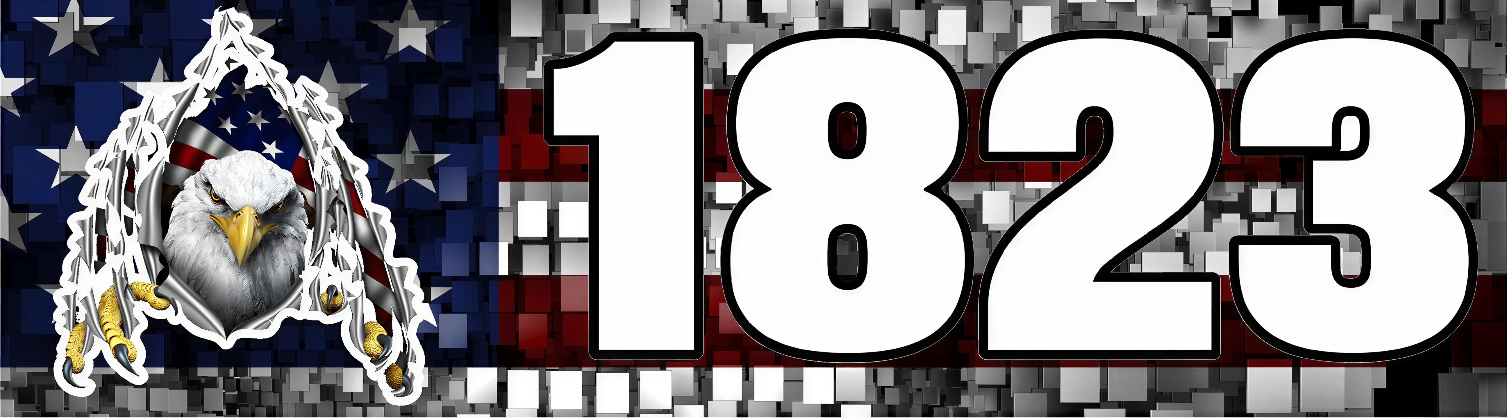 a large number "1823" in bold, white letters against a background of the American flag with stars and stripes.