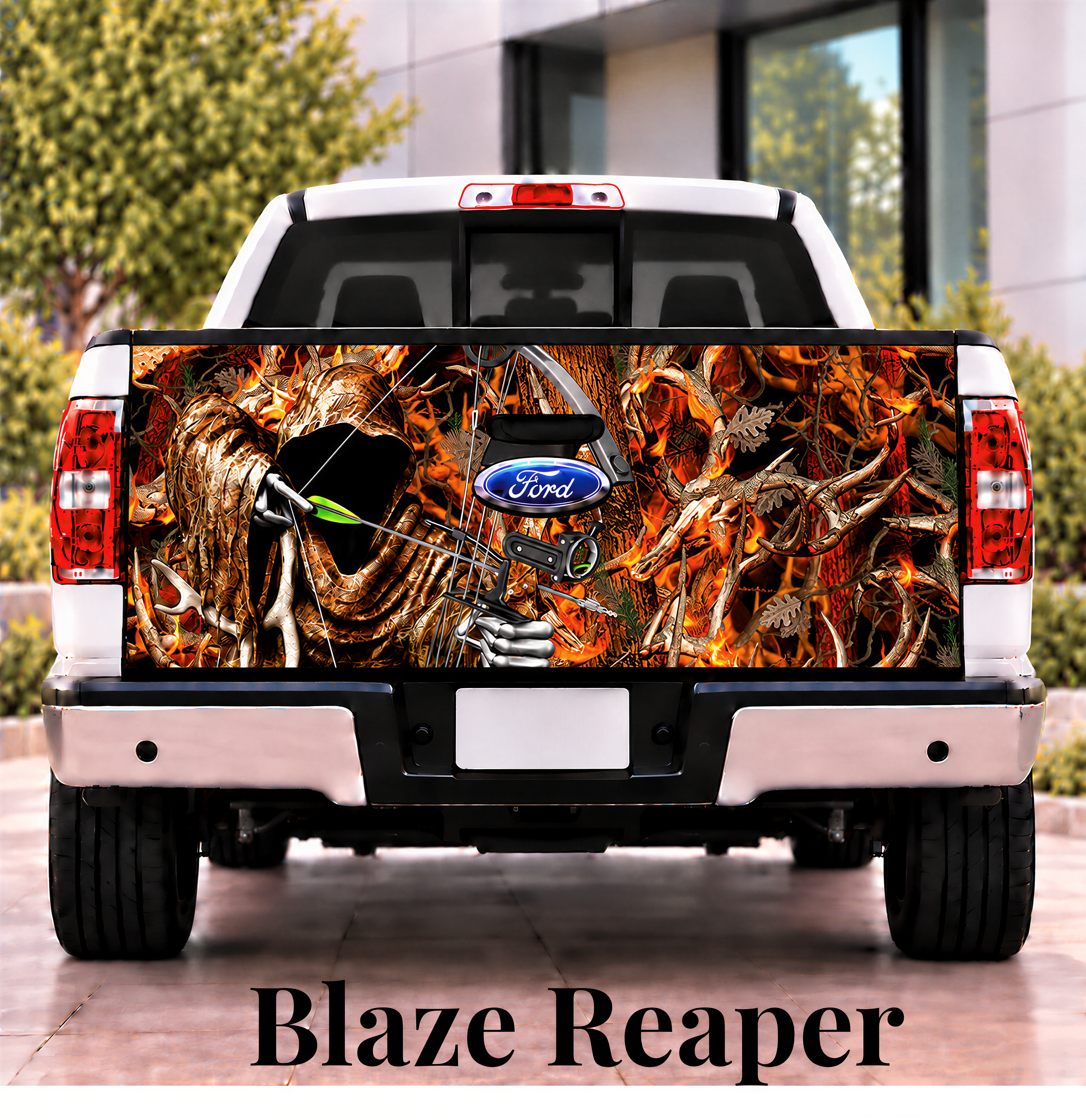 A white Ford truck with a camouflage design on the rear bumper, featuring a figure resembling a Reaper or Reaper-like character.