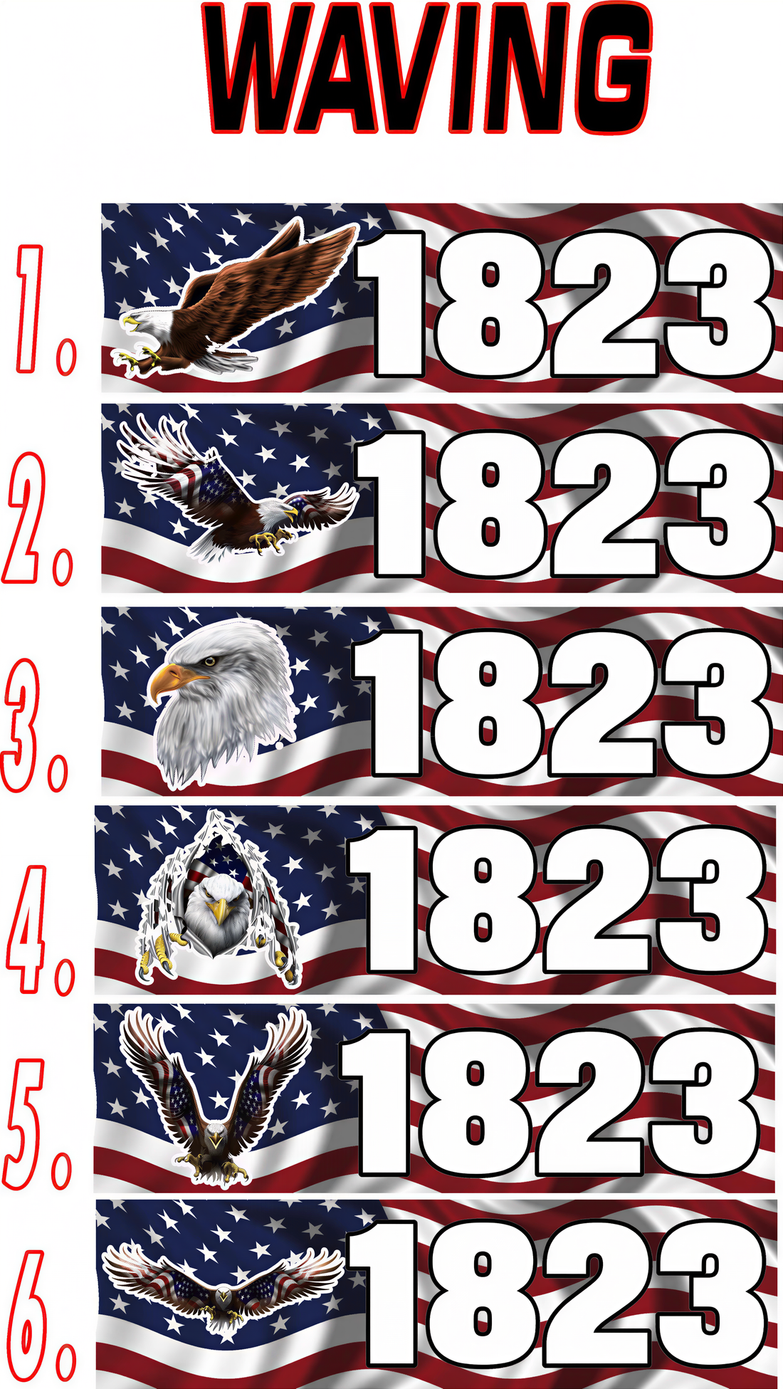 a series of images depicting various American eagle designs, with the text "WAVING" prominently displayed above them.