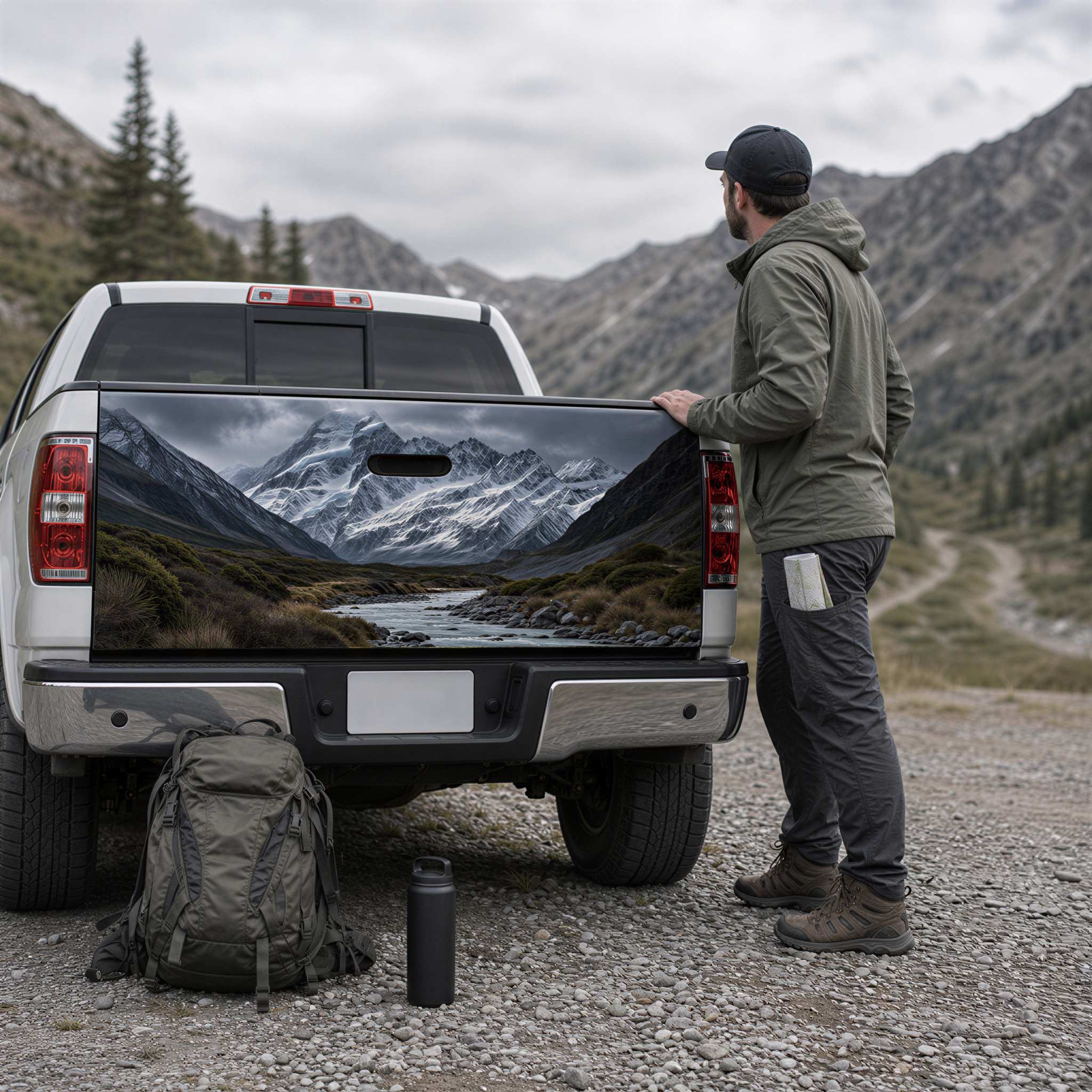 A man stands next to a white pickup truck with a large image of a mountain landscape on the rear window.