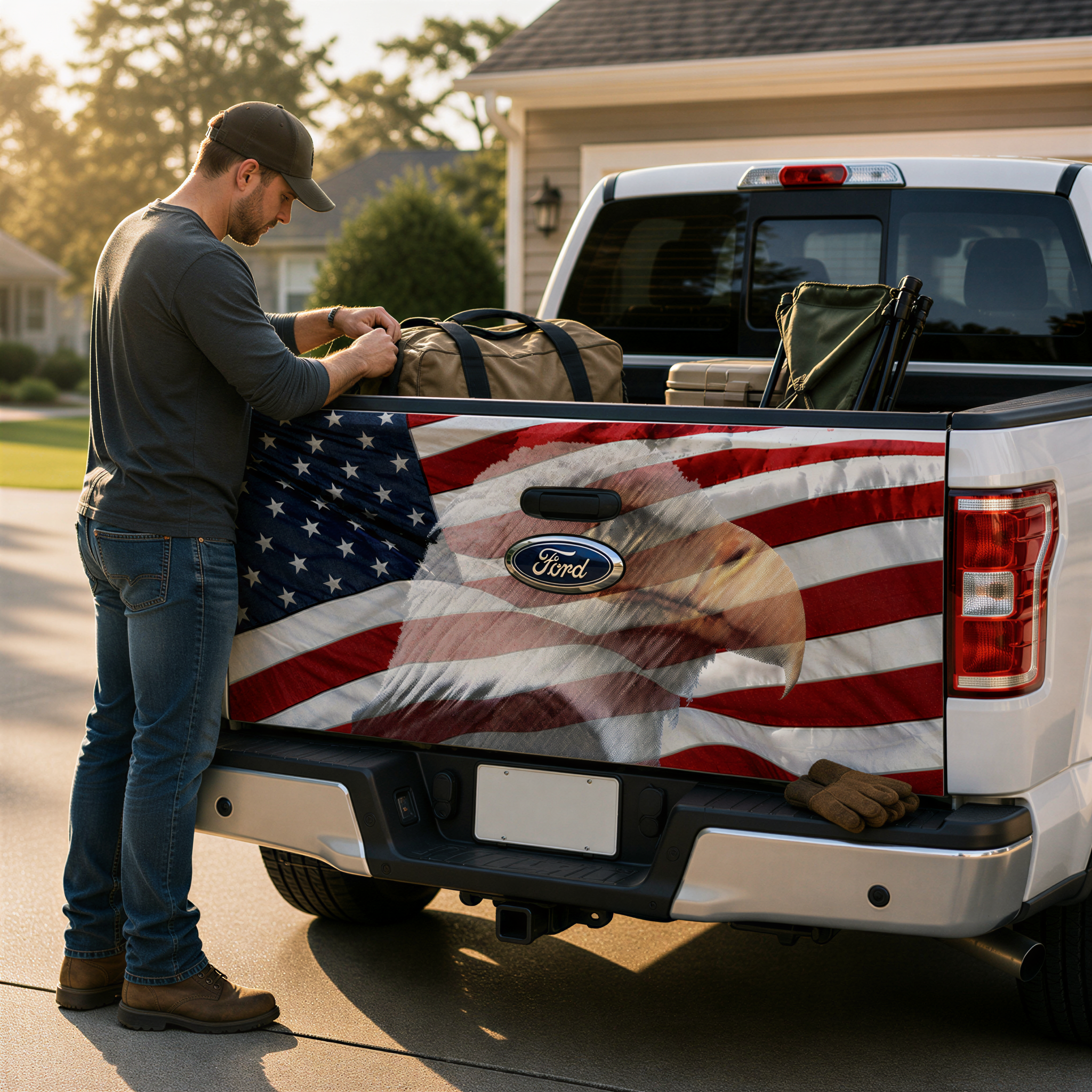 A man is standing next to a white Ford truck, which has an American flag design on the rear. The man appears to be loading or unloading items from the truck.
