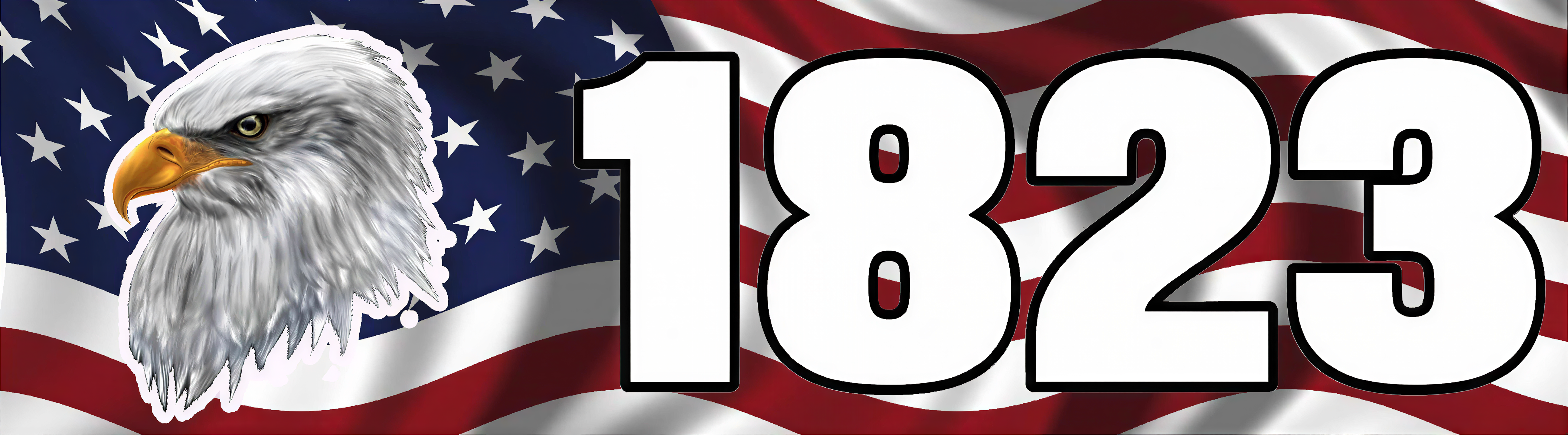 a large eagle with its head turned to the left, set against the backdrop of the American flag. The numbers "1823" are prominently displayed in the foreground, creating a striking visual contrast with the eagle.