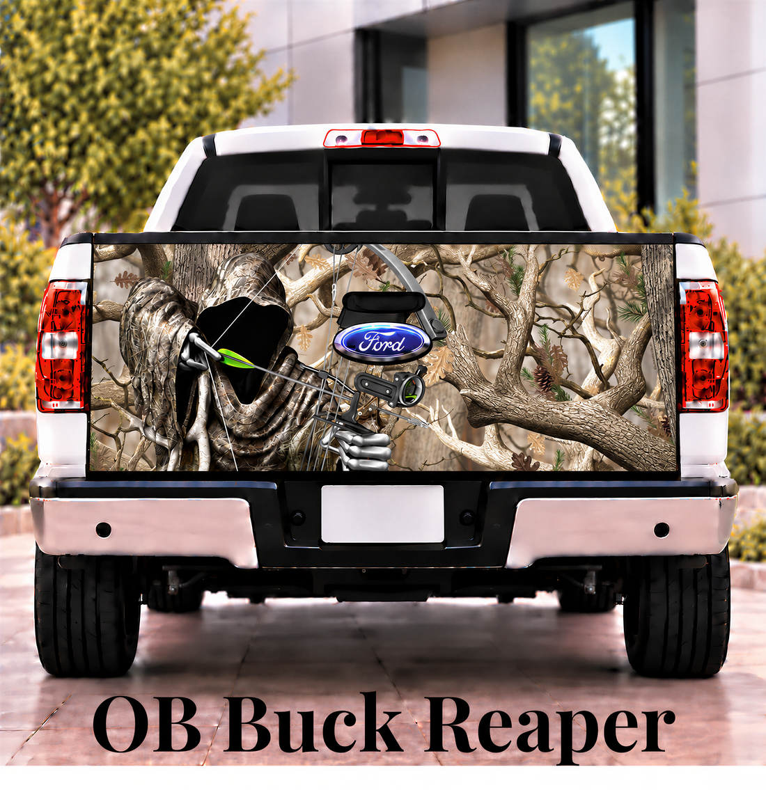 the rear of a white Ford truck with a camouflage design on the tailgate, depicting a skull and crossbones with a bow and arrow.