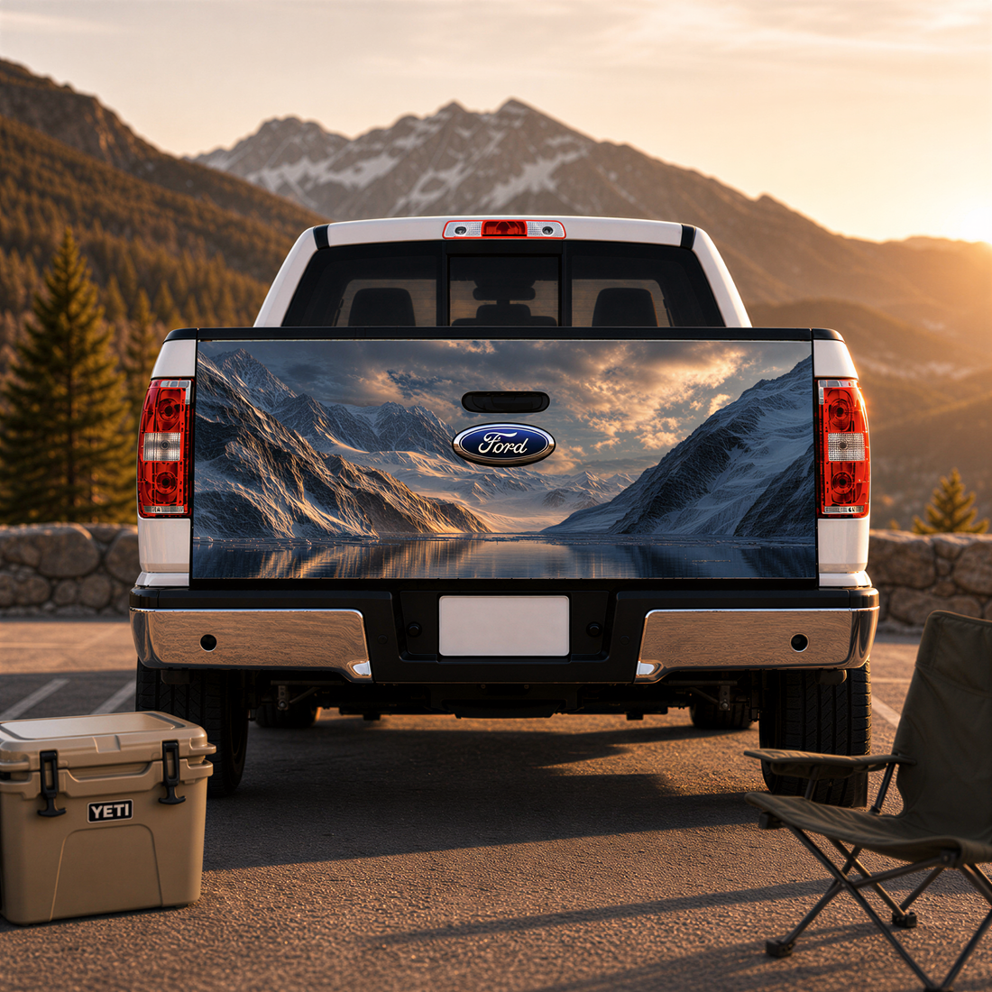 A white Ford truck with a mountain landscape decal on the rear window is parked on a road, with a cooler and camping chair nearby.