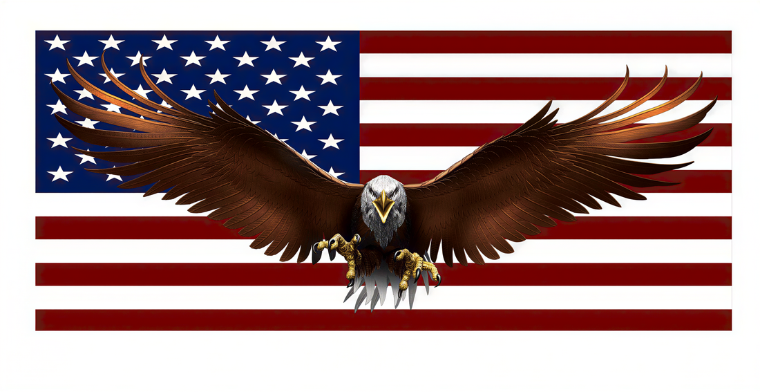 A bald eagle with outstretched wings is depicted against the backdrop of the American flag.