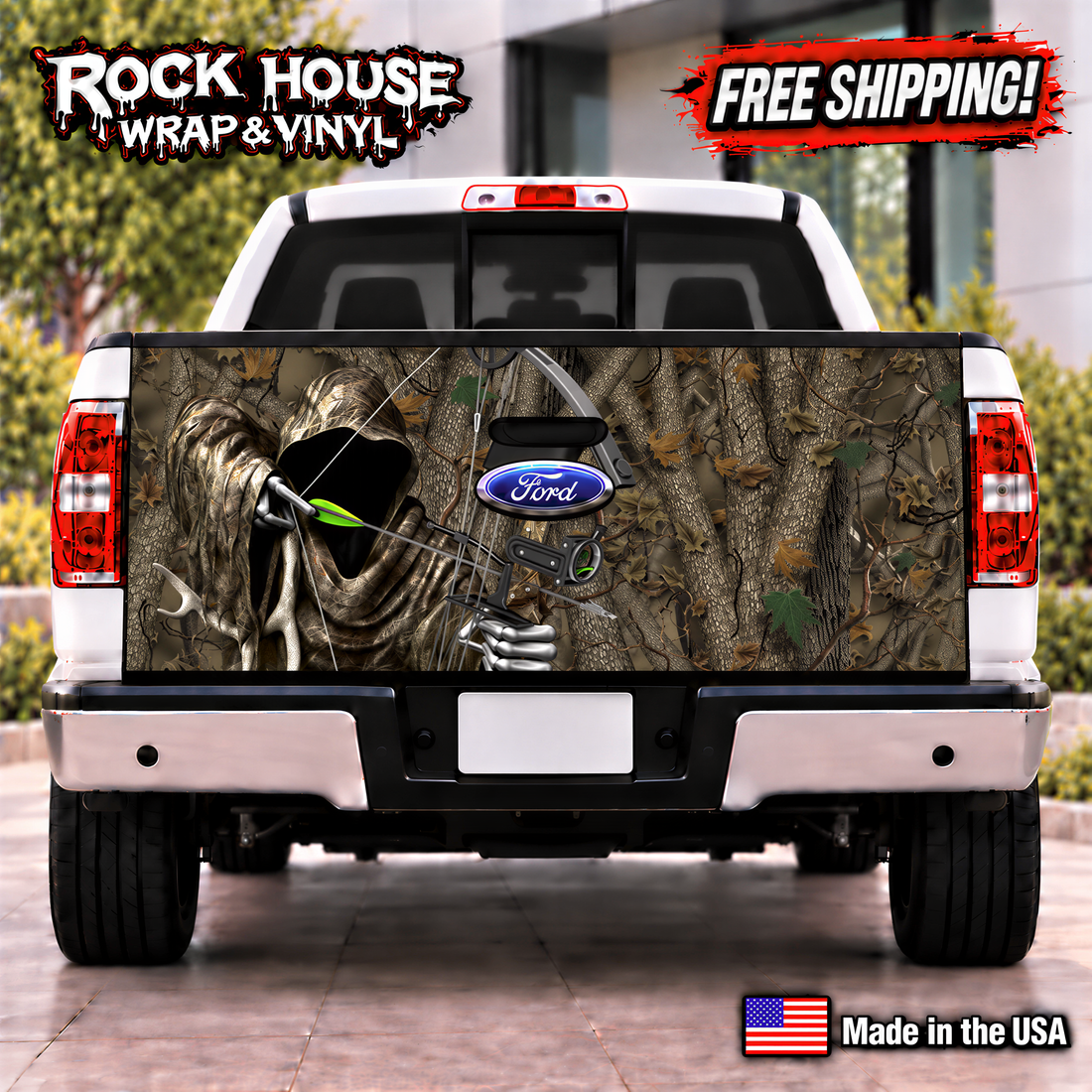 the rear of a white Ford truck with a camouflage design on the tailgate. The design features a skull and crossbones motif, along with a bow and arrow. The truck is parked in front of a building, and there is a "Free Shipping!" sign visible in the image.