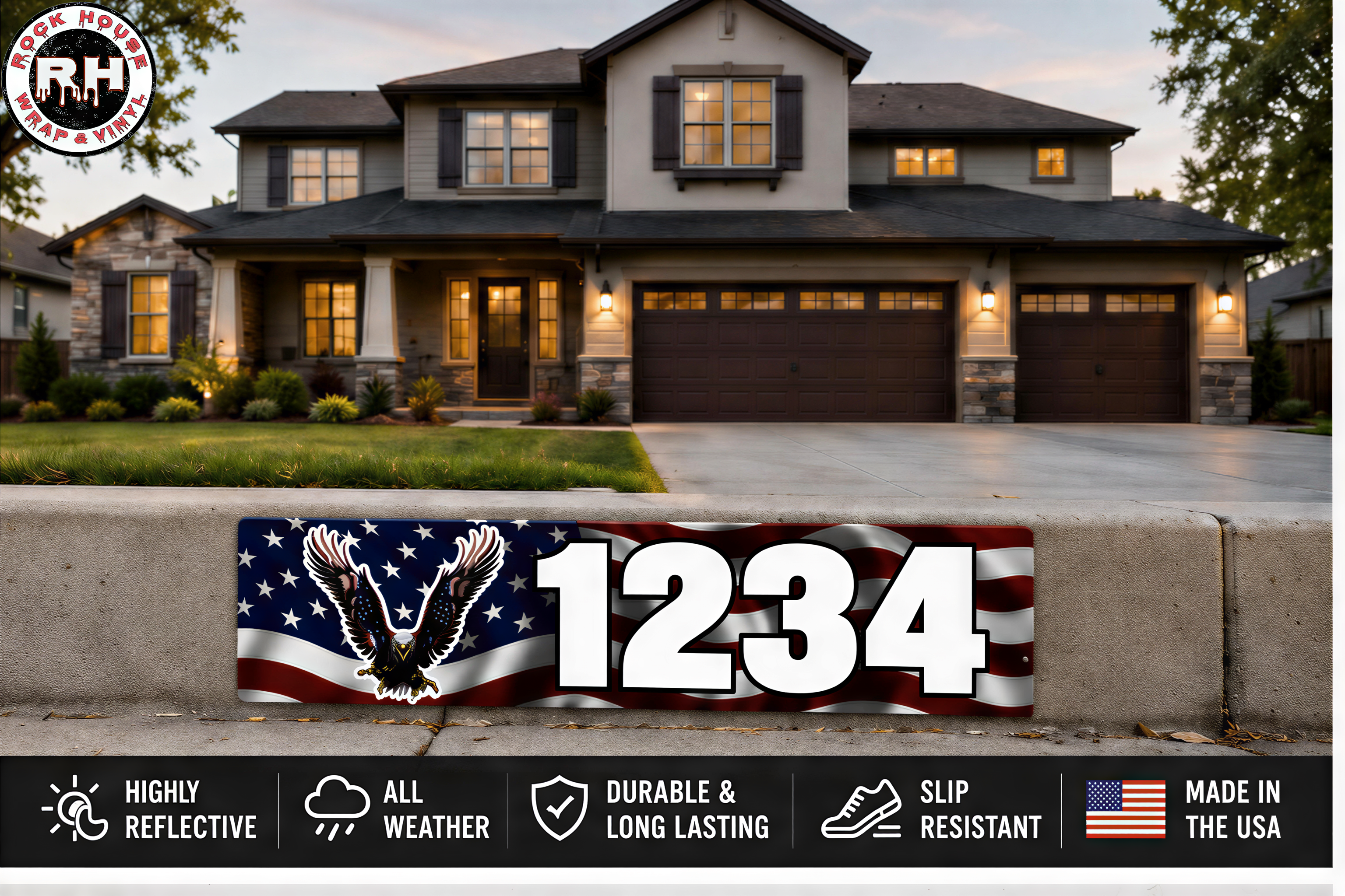 a large house with a garage, a driveway, and a sign with the number "1234" on it. The sign also displays some text and logos related to the house and the neighborhood.