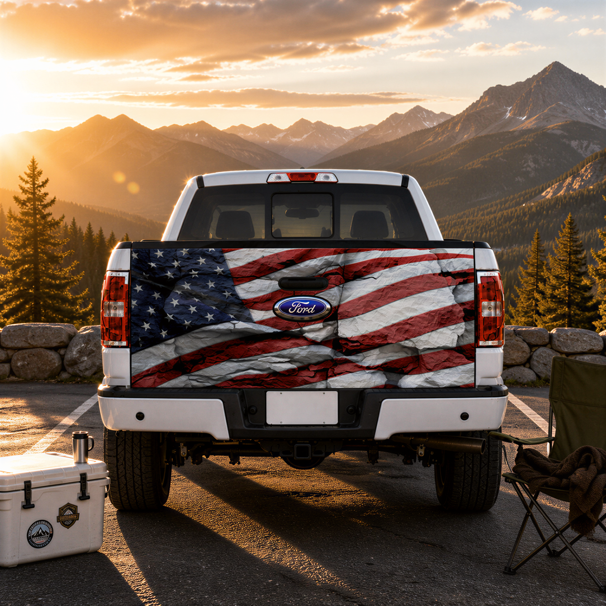 A white Ford truck with an American flag decal on the rear is parked in a scenic outdoor setting, with mountains and a sunset in the background.