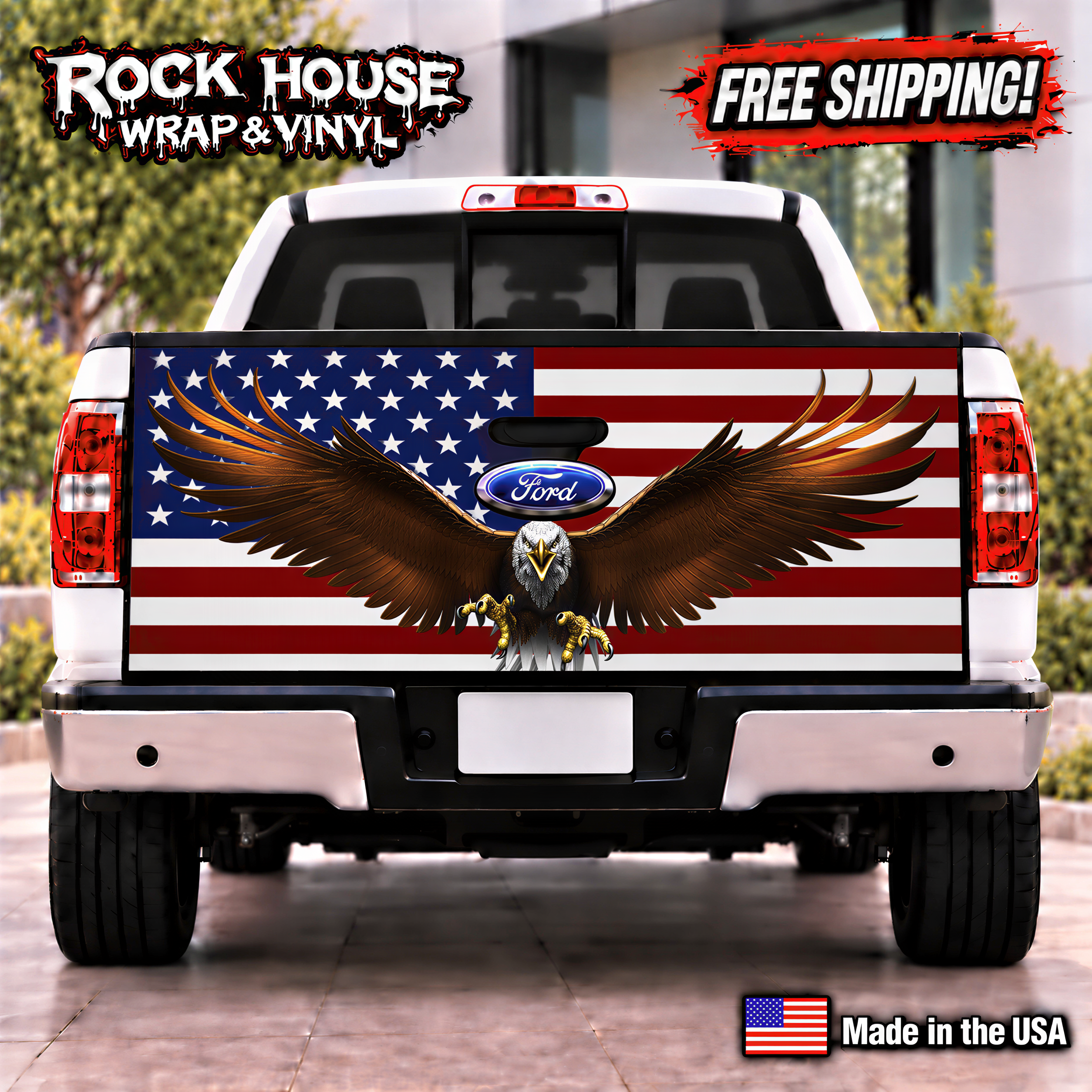 a white Ford truck with an American flag design on the rear. The truck has a large eagle with outstretched wings and a blue Ford logo on the trunk. The truck is parked on a street, and there is a "Free Shipping!" sign above it.