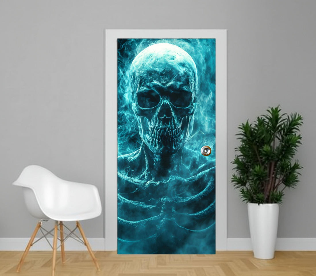 a large, eerie skull-like figure with glowing blue and green elements, creating a spine-chilling atmosphere. The figure is displayed on a door, with a white chair visible in the foreground and a potted plant to the right.