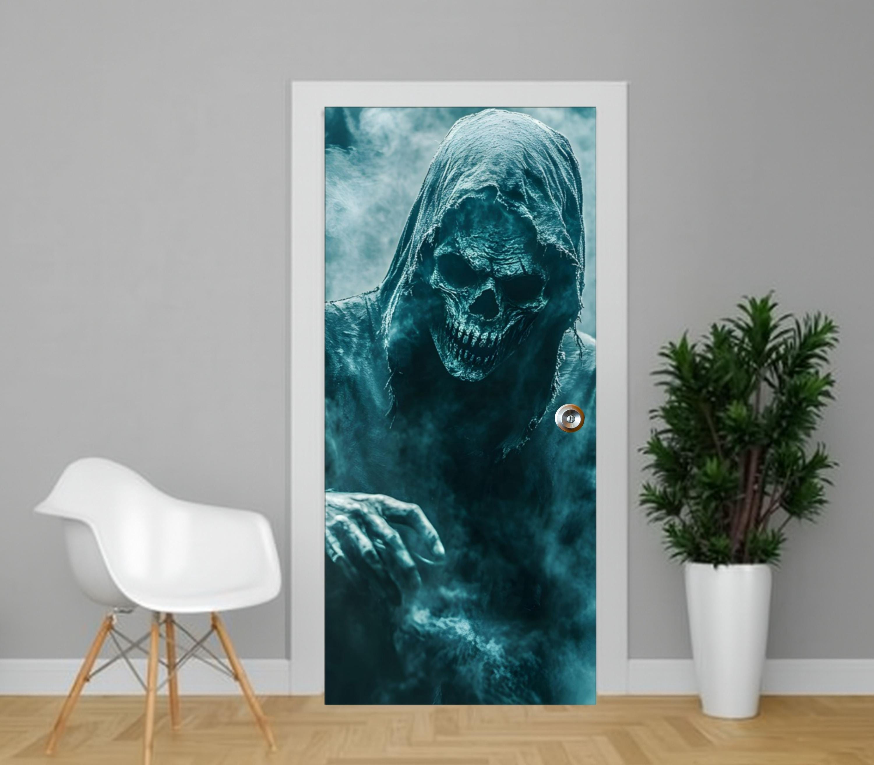 a door with a large, eerie skull-like figure on it, creating a spine-chilling atmosphere. A white chair is positioned next to the door, and a potted plant is visible on the right side of the image.