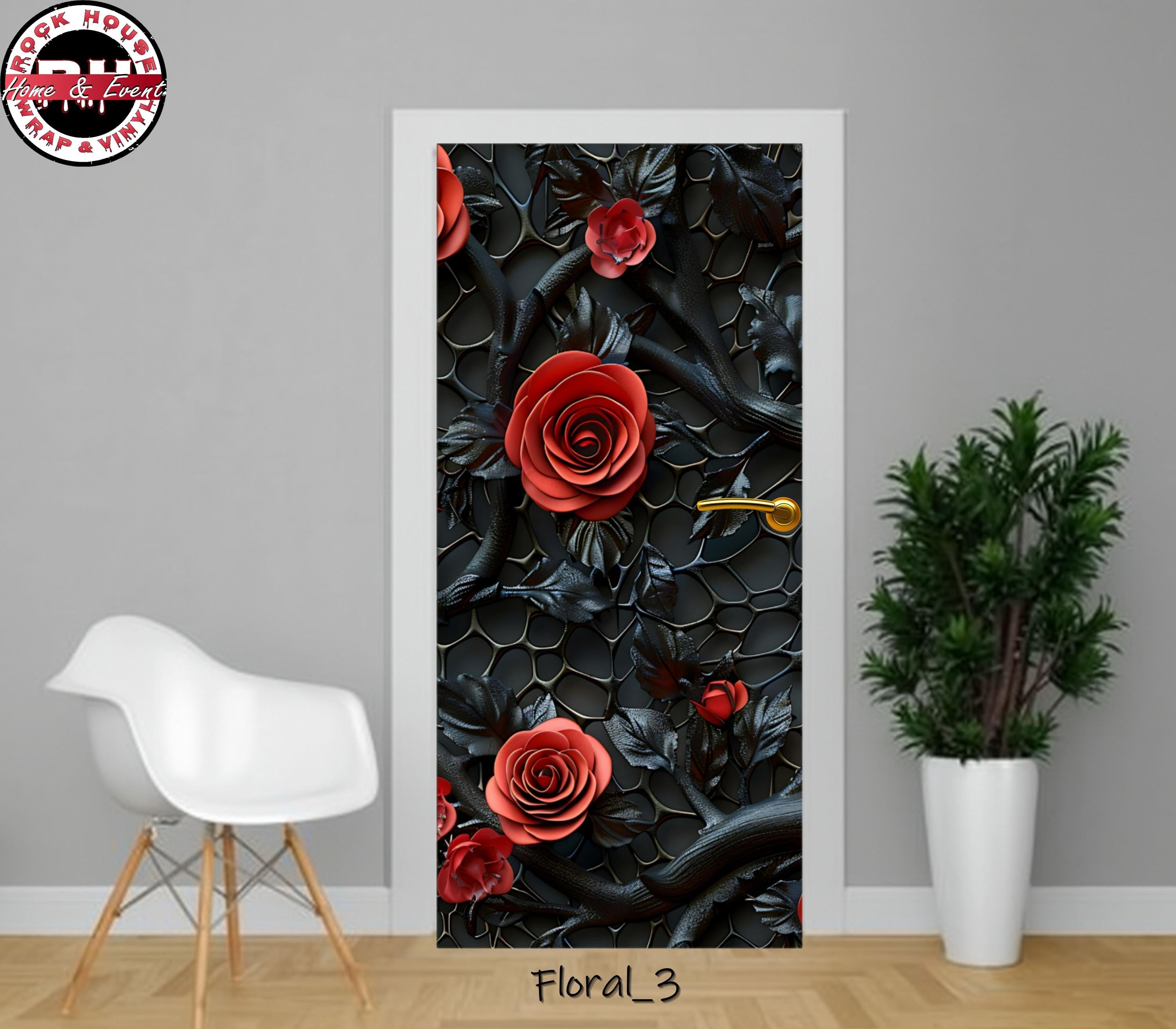 Floral Rose Door Wrap - Peel and  Stick Vinyl Door Decal