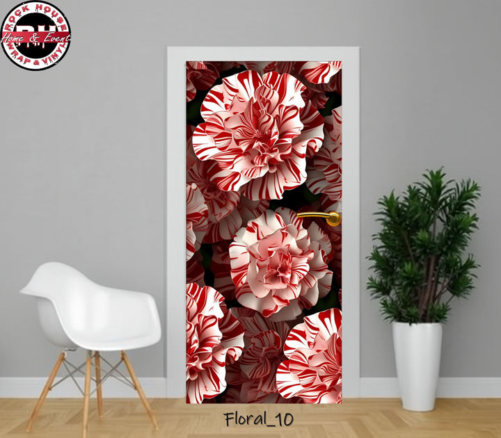 Floral Door Wrap - Red & White Flowers Peel and  Stick Decal