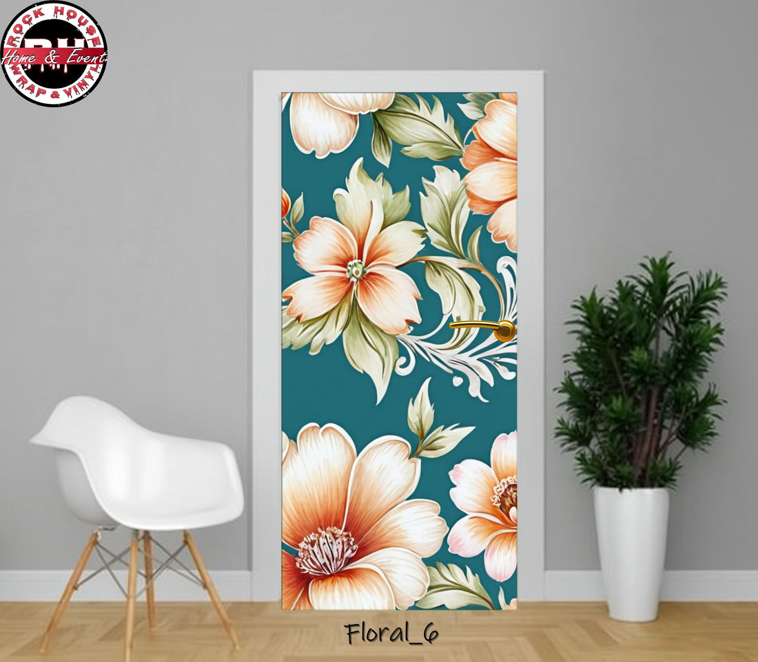 Floral Door Wrap Teal and White – Peel and Stick Vinyl Door Decal