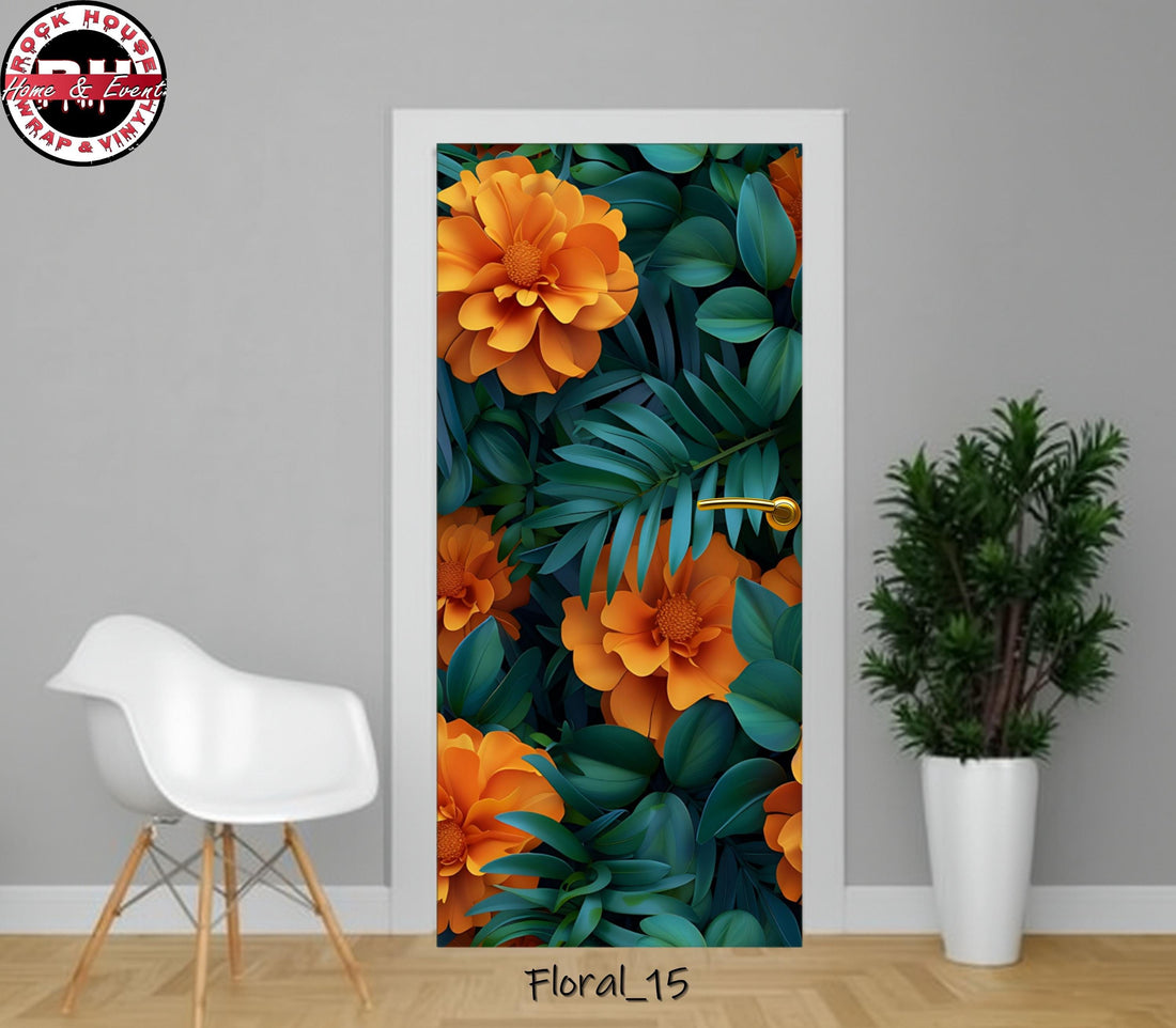 Orange Floral Vinyl Door Wrap –Peel and  Stick Vinyl Door Decal