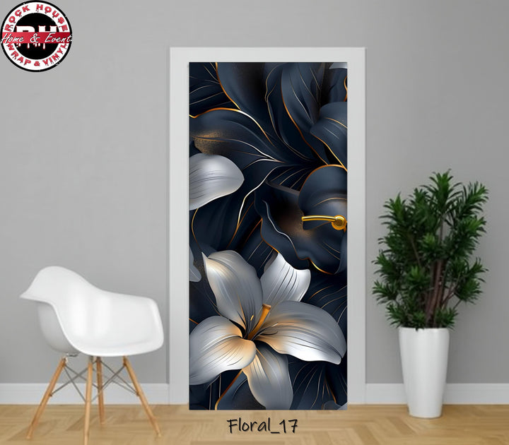 Blue Black and White Custom FLORAL Door Wrap